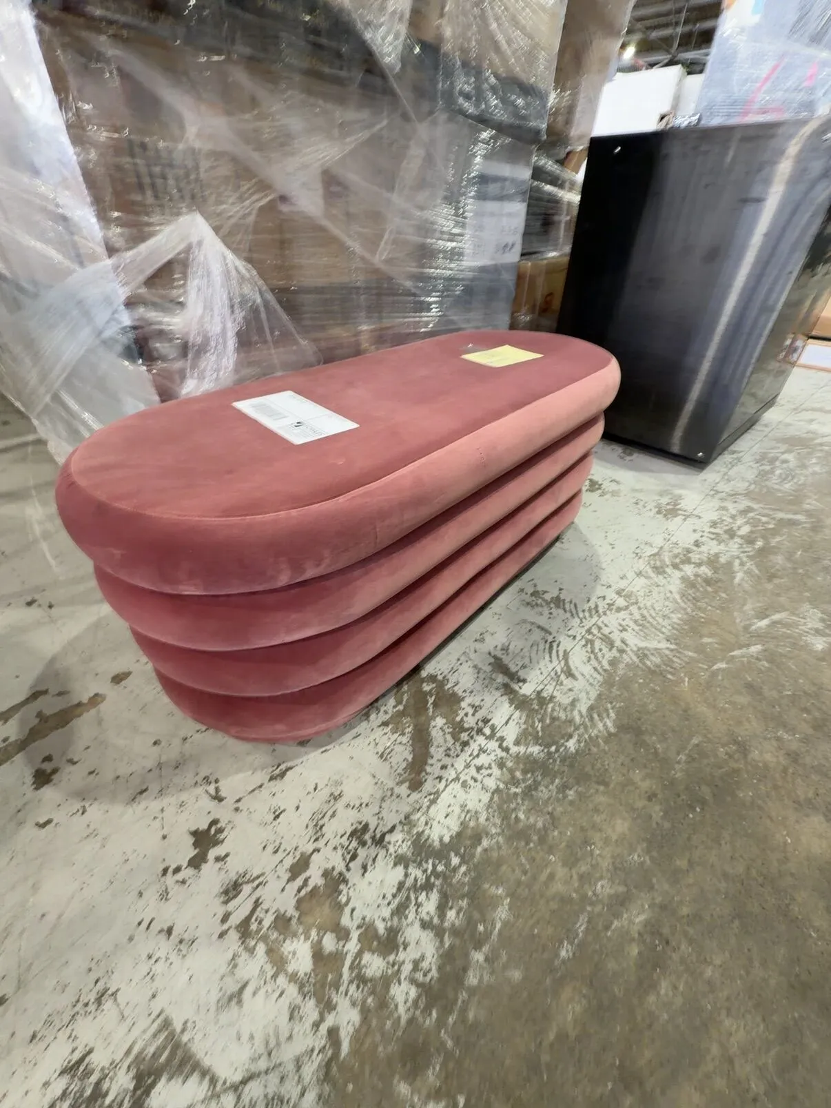 EX HIRE - DUSK PINK VELVET OVAL OTTOMAN, SOLD AS IS EX HIRE - DUSK PINK VELVET OVAL OTTOMAN, SOLD AS IS