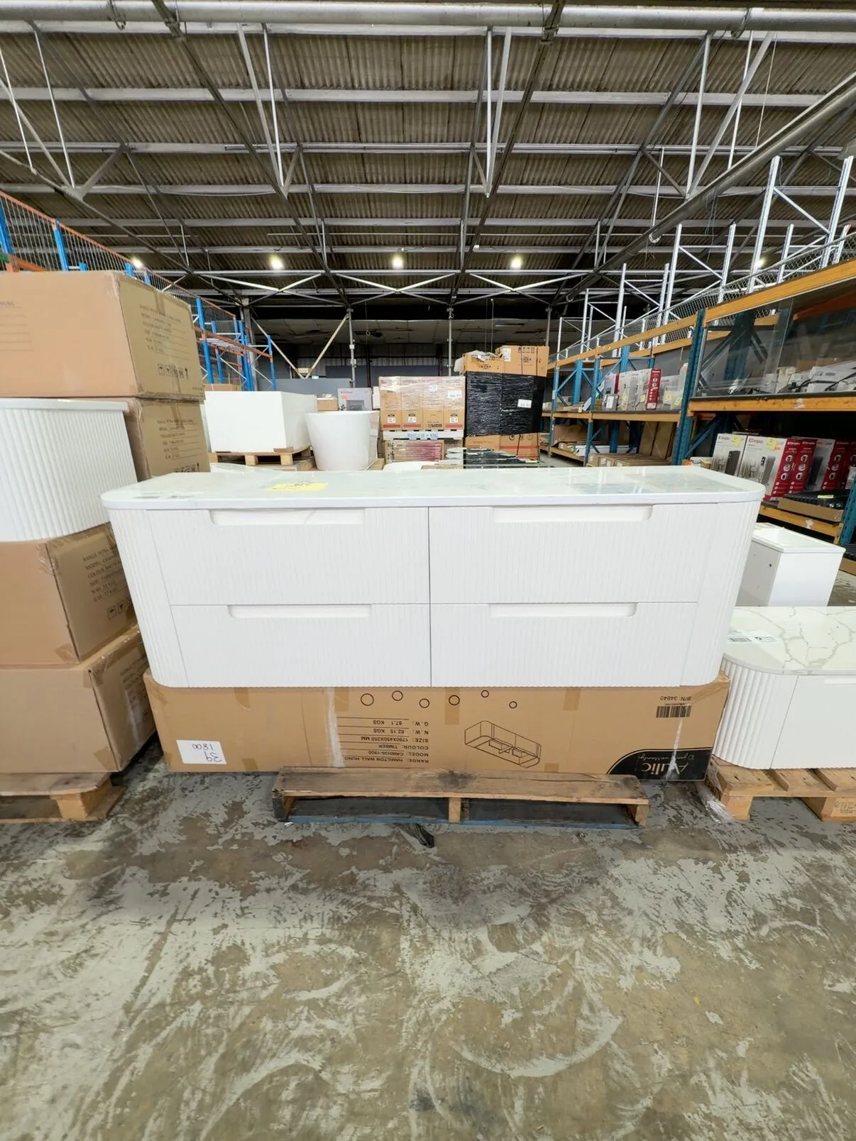 NEW AULIC CURVA 1800MM WALL HUNG VANITY, FLUTED MATTE WHITE, 4 DRAWERS, WITH PURE FLAT STONE TOP RRP$3835 CAWH46-1800D-ST56FT NEW AULIC CURVA 1800MM WALL HUNG VANITY, FLUTED MATTE WHITE, 4 DRAWERS, WITH PURE FLAT STONE TOP RRP$3835 CAWH46-1800D-ST56FT