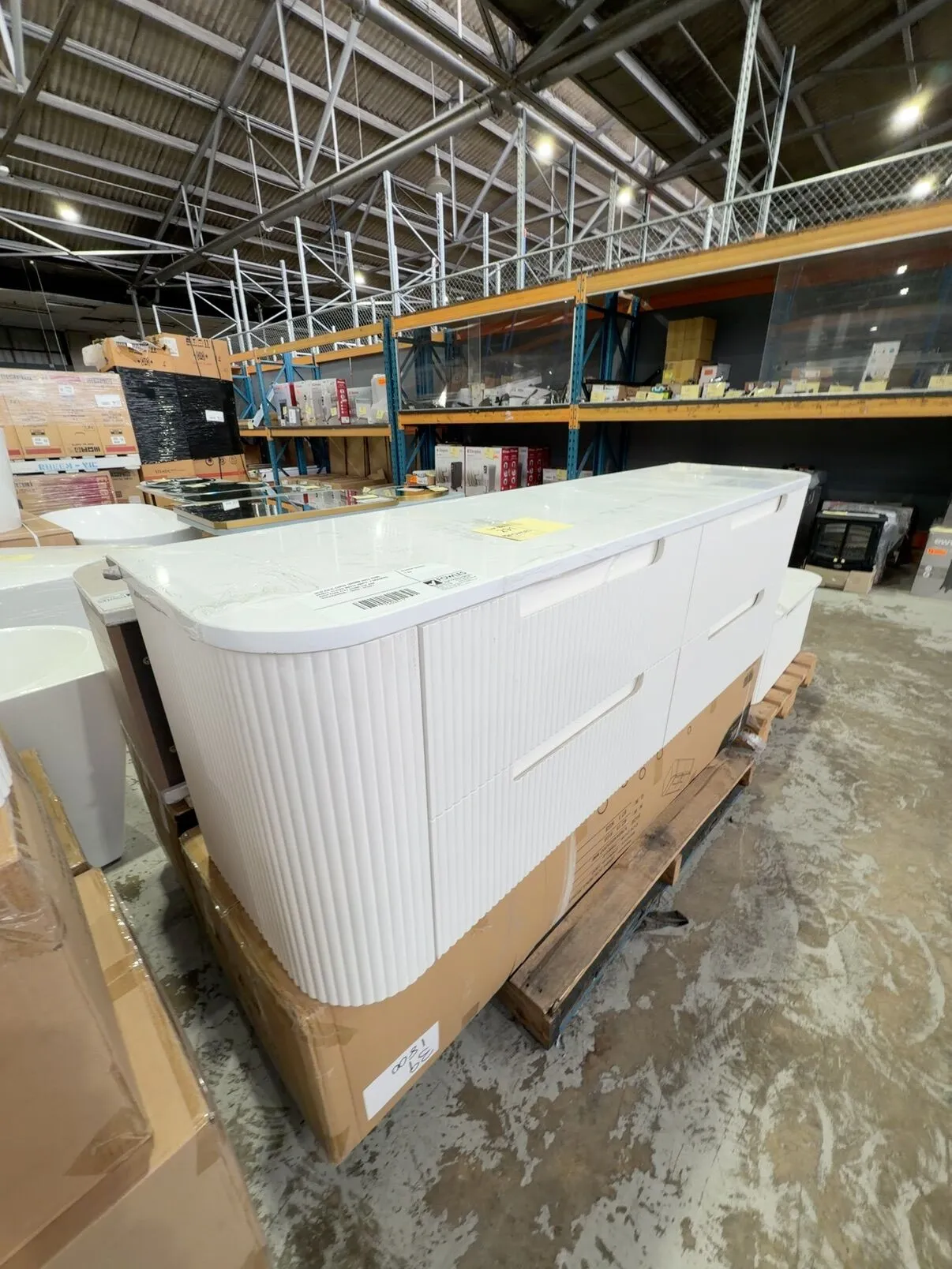 NEW AULIC CURVA 1800MM WALL HUNG VANITY, FLUTED MATTE WHITE, 4 DRAWERS, WITH PURE FLAT STONE TOP RRP$3835 CAWH46-1800D-ST56FT NEW AULIC CURVA 1800MM WALL HUNG VANITY, FLUTED MATTE WHITE, 4 DRAWERS, WITH PURE FLAT STONE TOP RRP$3835 CAWH46-1800D-ST56FT