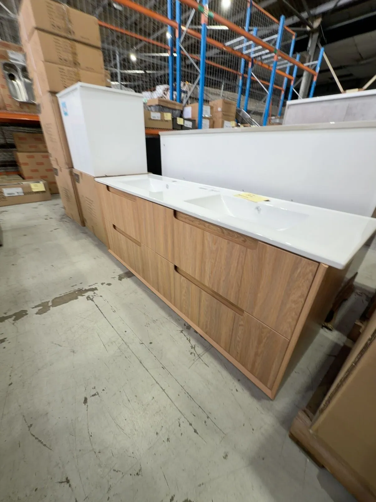 NEW AULIC VOULARI FRAMED 1500MM WALL HUNG VANITY, HARVEST OAK, 4 DRAWERS, WITH DOUBLE BOWL CERAMIC TOP RRP$3114 VO1500DWHA-CT28 NEW AULIC VOULARI FRAMED 1500MM WALL HUNG VANITY, HARVEST OAK, 4 DRAWERS, WITH DOUBLE BOWL CERAMIC TOP RRP$3114 VO1500DWHA-CT28