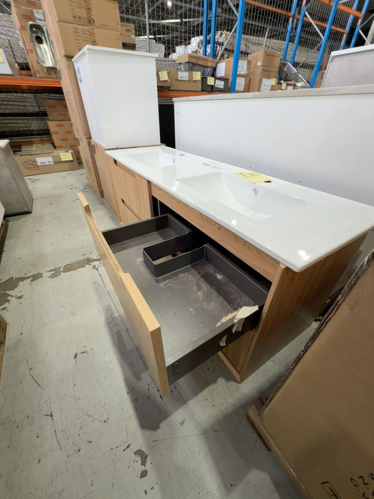 NEW AULIC VOULARI FRAMED 1500MM WALL HUNG VANITY, HARVEST OAK, 4 DRAWERS, WITH DOUBLE BOWL CERAMIC TOP RRP$3114 VO1500DWHA-CT28 NEW AULIC VOULARI FRAMED 1500MM WALL HUNG VANITY, HARVEST OAK, 4 DRAWERS, WITH DOUBLE BOWL CERAMIC TOP RRP$3114 VO1500DWHA-CT28