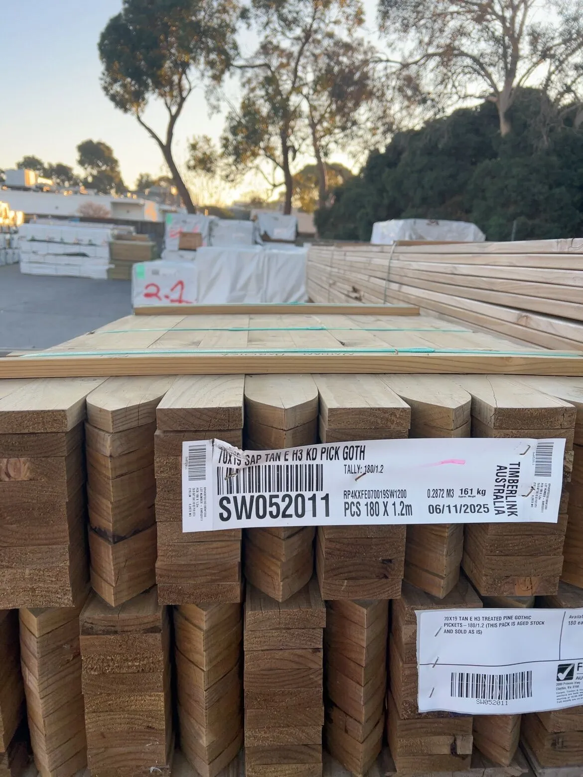 70X19 TAN E H3 TREATED PINE GOTHIC PICKETS-180/1.2 (THIS PACK IS AGED STOCK AND SOLD AS IS) 70X19 TAN E H3 TREATED PINE GOTHIC PICKETS-180/1.2 (THIS PACK IS AGED STOCK AND SOLD AS IS)