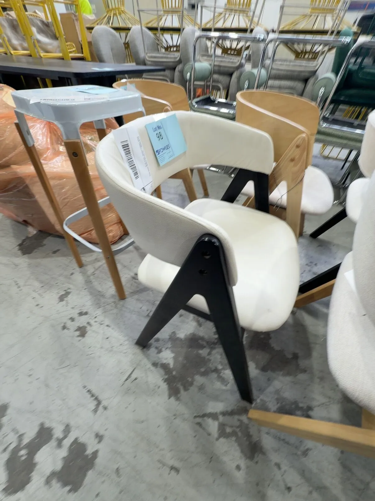 EX STAGING - PU CREAM DINING CHAIR WITH DARK TIMBER FRAME, SOLD AS IS EX STAGING - PU CREAM DINING CHAIR WITH DARK TIMBER FRAME, SOLD AS IS