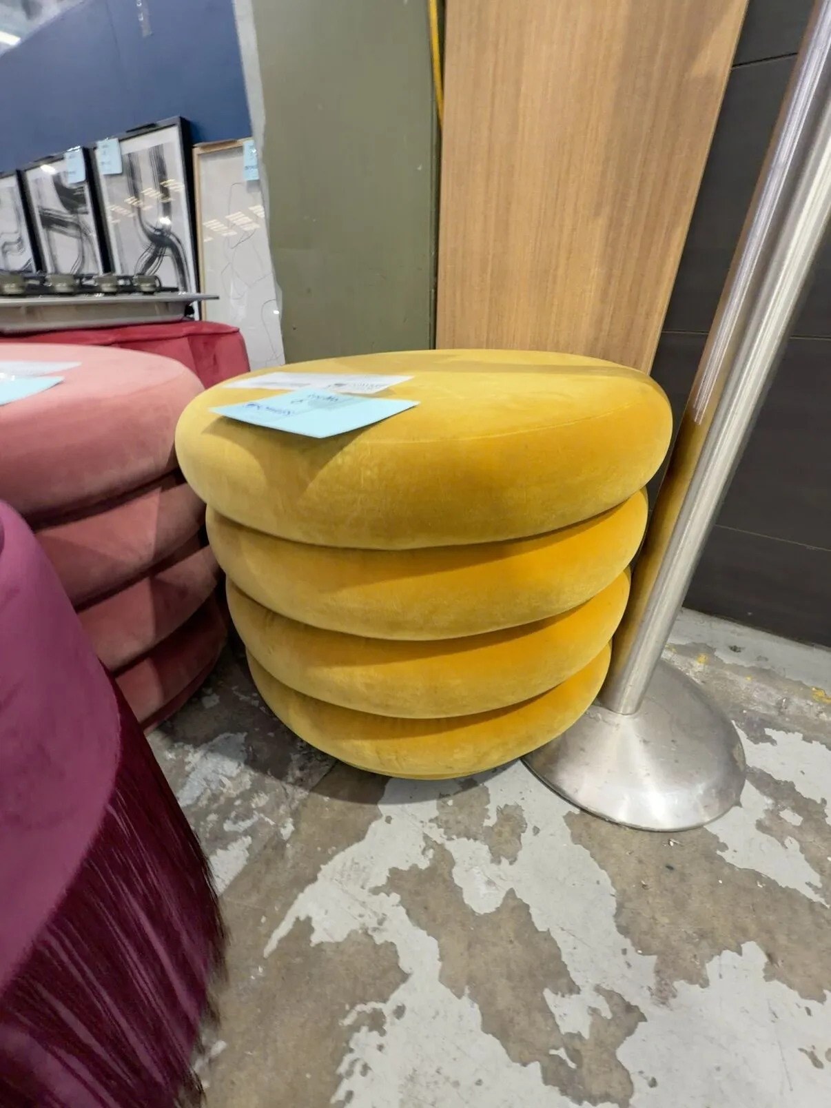 EX HIRE GOLD VELVET ROUND OTTOMAN, SOLD AS IS EX HIRE GOLD VELVET ROUND OTTOMAN, SOLD AS IS