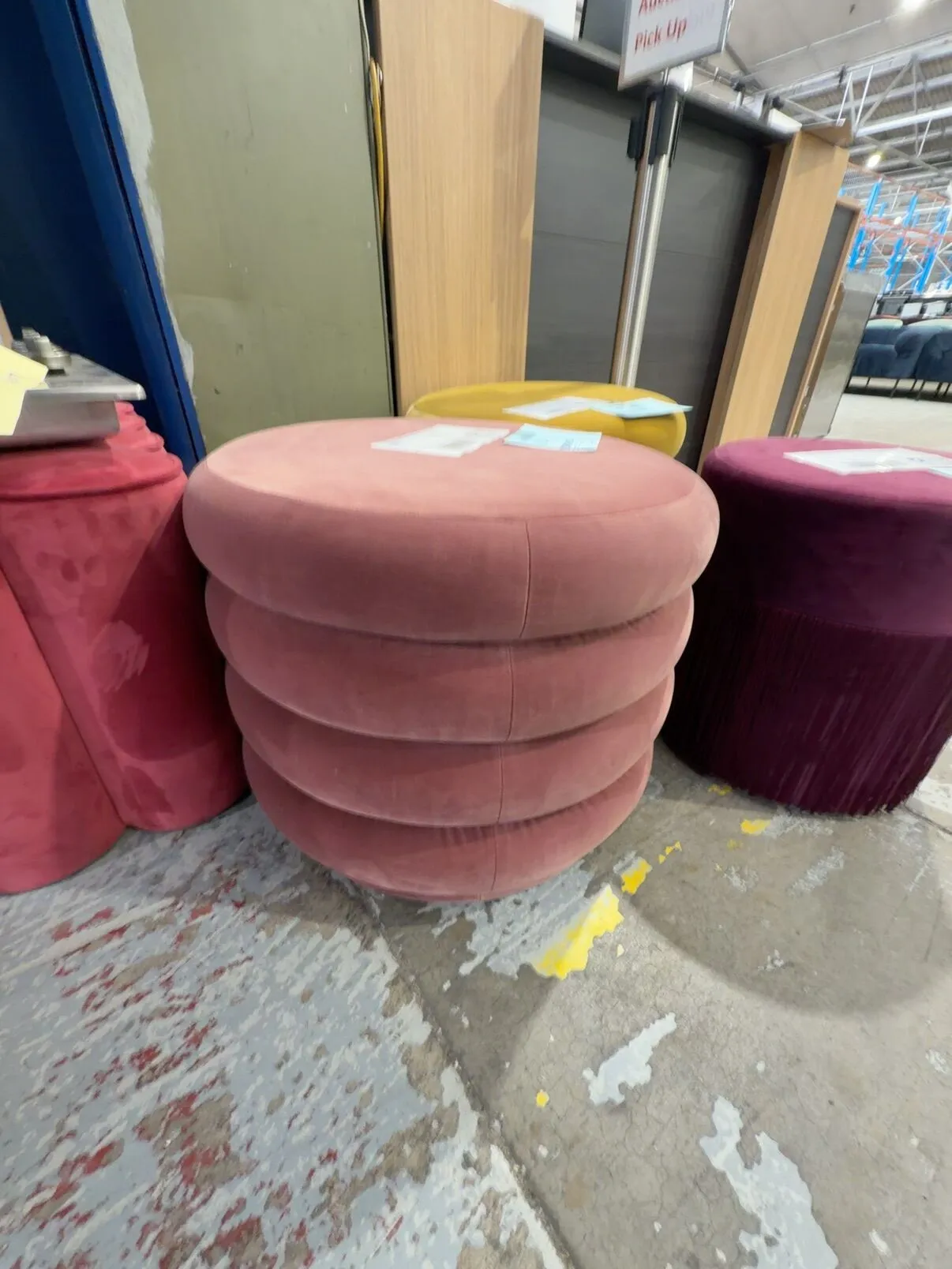 EX HIRE DUSK PINK VELVET ROUND OTTOMAN, SOLD AS IS EX HIRE DUSK PINK VELVET ROUND OTTOMAN, SOLD AS IS
