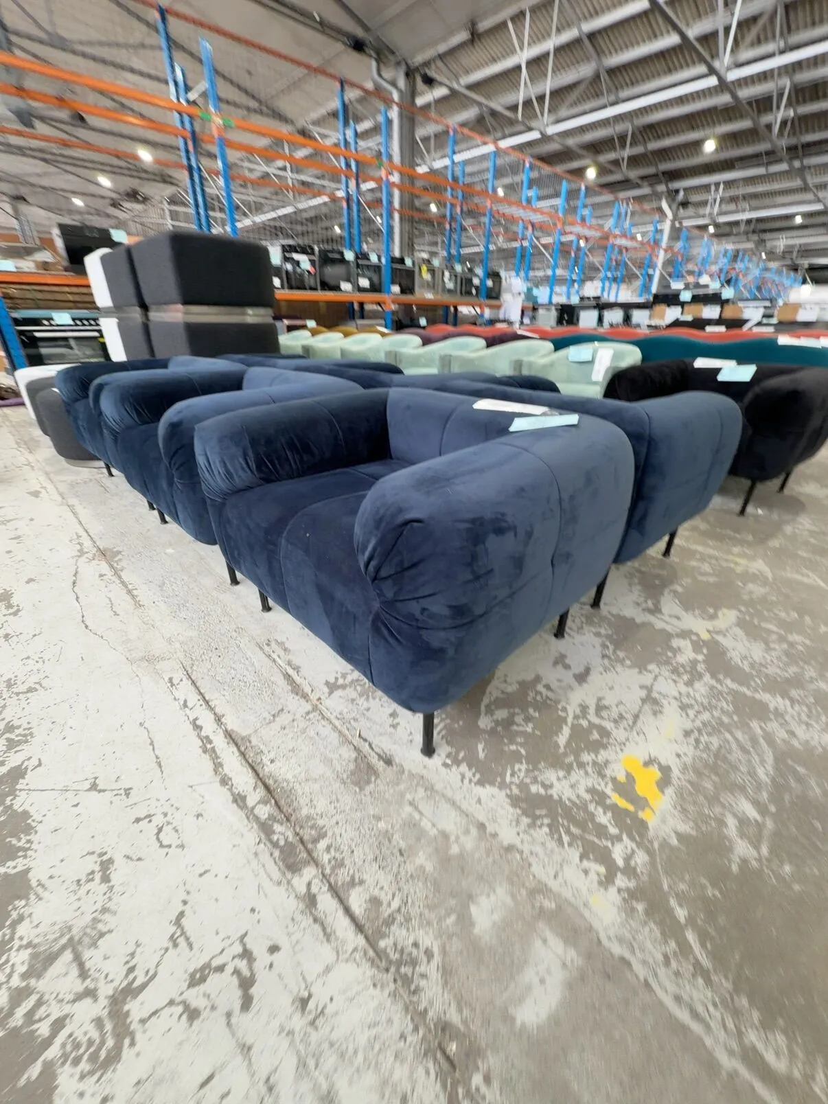 EX HIRE NAVY VELVET ARMCHAIR, SOLD AS IS EX HIRE NAVY VELVET ARMCHAIR, SOLD AS IS