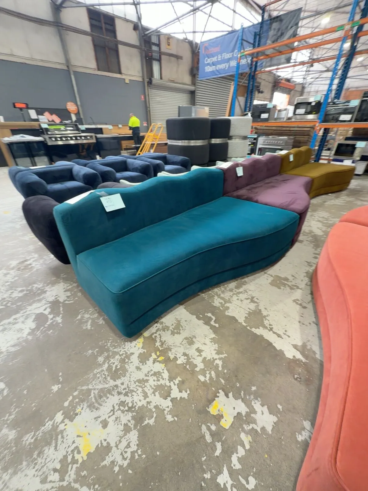 EX EVENT HIRE, LARGE TEAL BLUE VELVET WAVE SEATING, SOLD AS IS EX EVENT HIRE, LARGE TEAL BLUE VELVET WAVE SEATING, SOLD AS IS