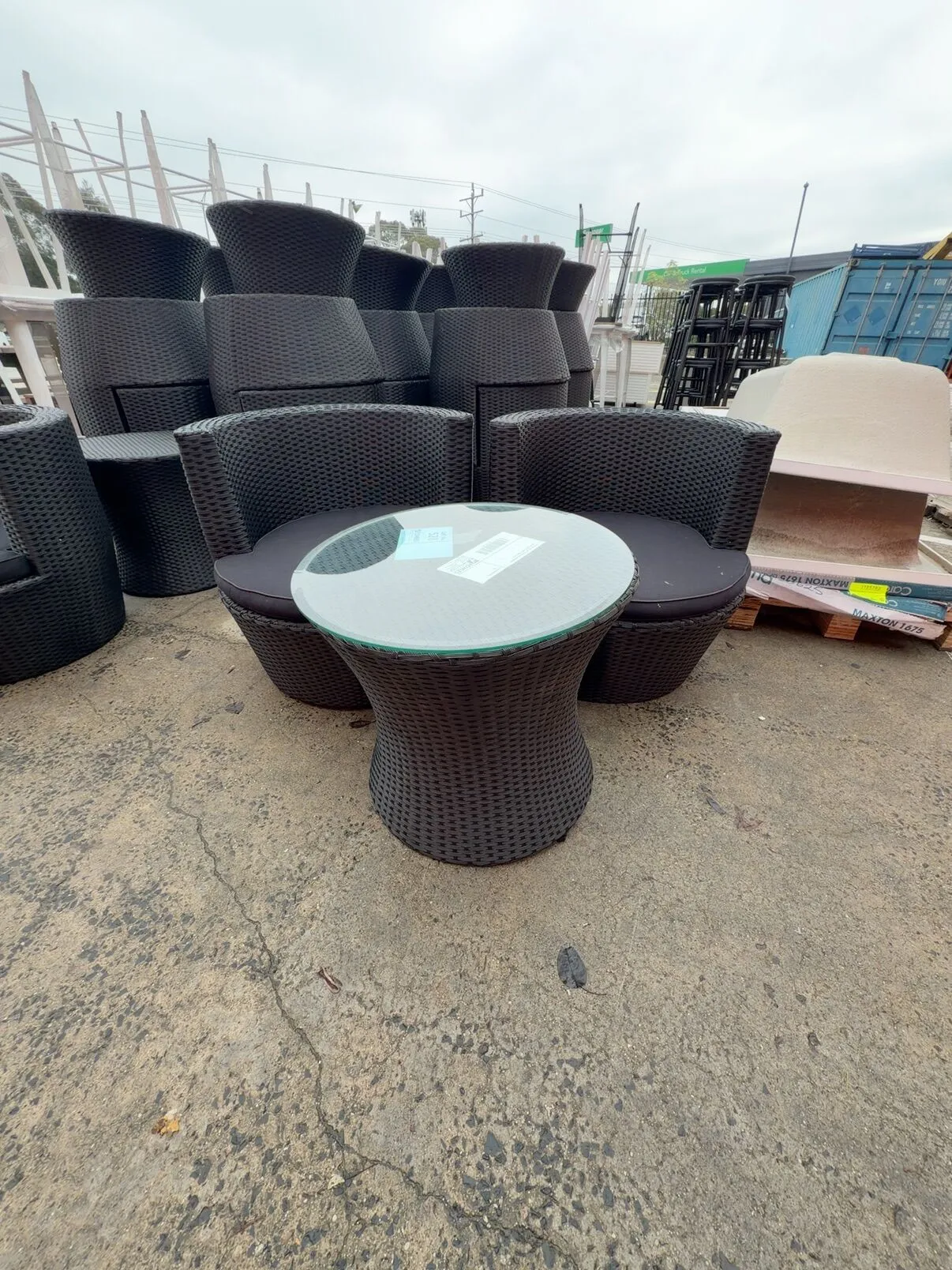 EX HIRE, SET OF 2 BLACK RATTAN CHAIRS WITH COFFEE TABLE, SOLD AS IS EX HIRE, SET OF 2 BLACK RATTAN CHAIRS WITH COFFEE TABLE, SOLD AS IS