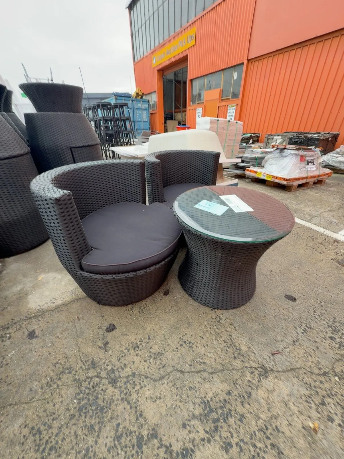 EX HIRE, SET OF 2 BLACK RATTAN CHAIRS WITH COFFEE TABLE, SOLD AS IS EX HIRE, SET OF 2 BLACK RATTAN CHAIRS WITH COFFEE TABLE, SOLD AS IS