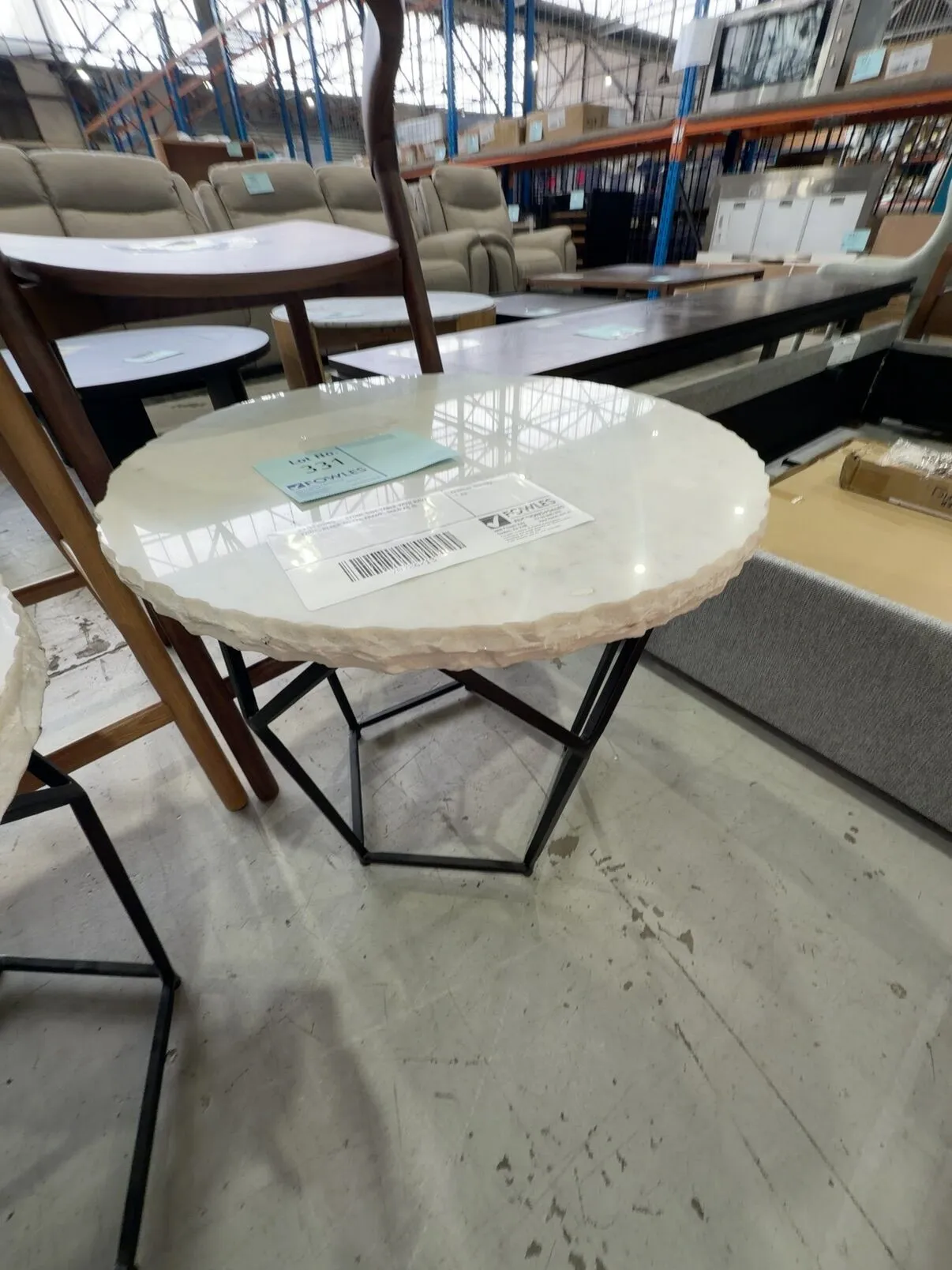 EX STAGING - STONE SIDE TABLE WITH RAW EDGE, BLACK METAL FRAME, SOLD AS IS EX STAGING - STONE SIDE TABLE WITH RAW EDGE, BLACK METAL FRAME, SOLD AS IS
