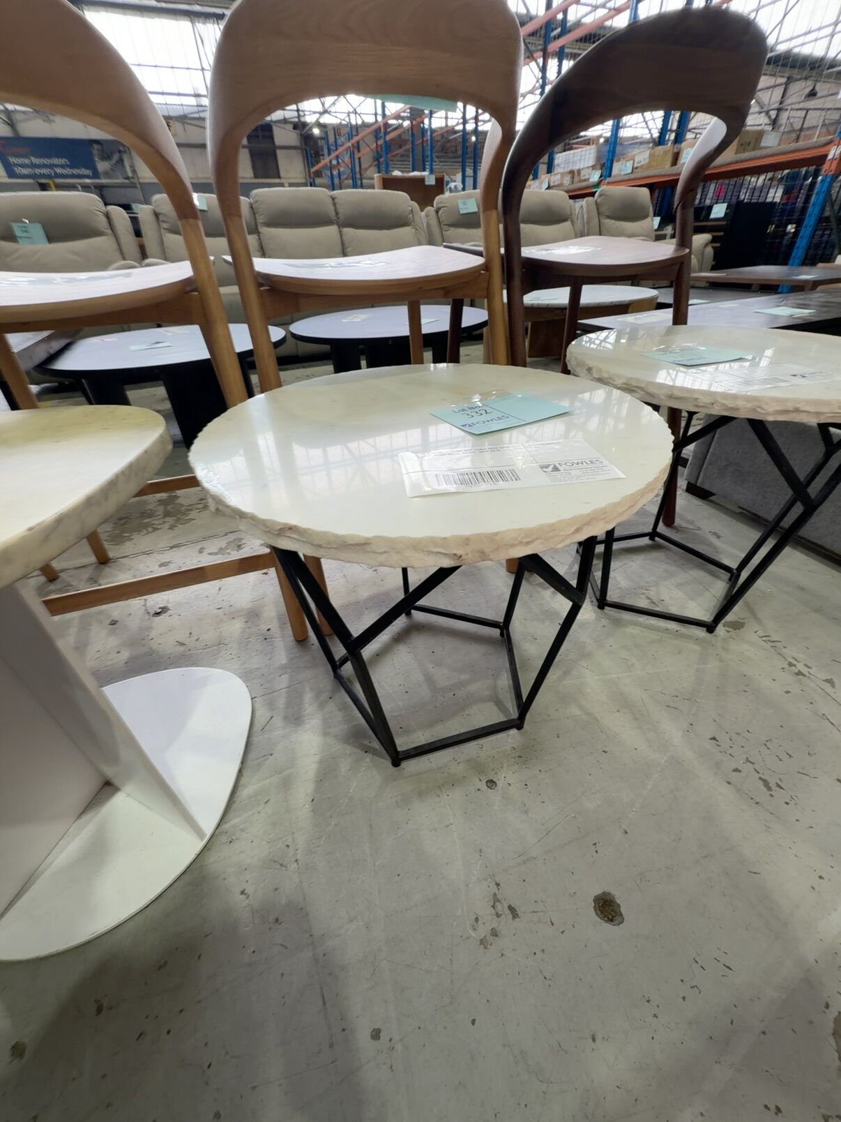 EX STAGING - STONE SIDE TABLE WITH RAW EDGE, BLACK METAL FRAME, SOLD AS IS EX STAGING - STONE SIDE TABLE WITH RAW EDGE, BLACK METAL FRAME, SOLD AS IS