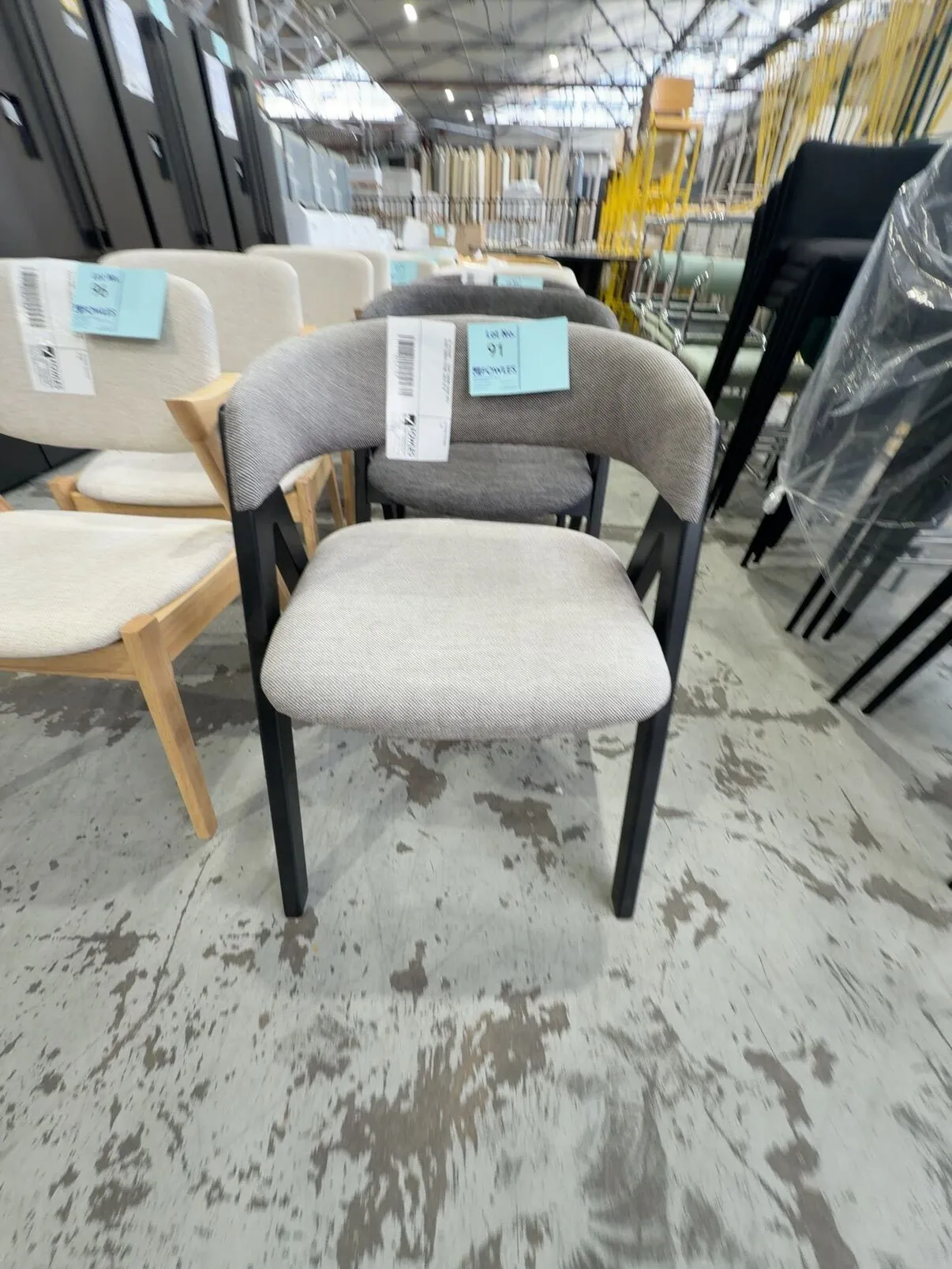 EX STAGING - TAUPE DINING CHAIR WITH DARK TIMBER FRAME, SOLD AS IS EX STAGING - TAUPE DINING CHAIR WITH DARK TIMBER FRAME, SOLD AS IS