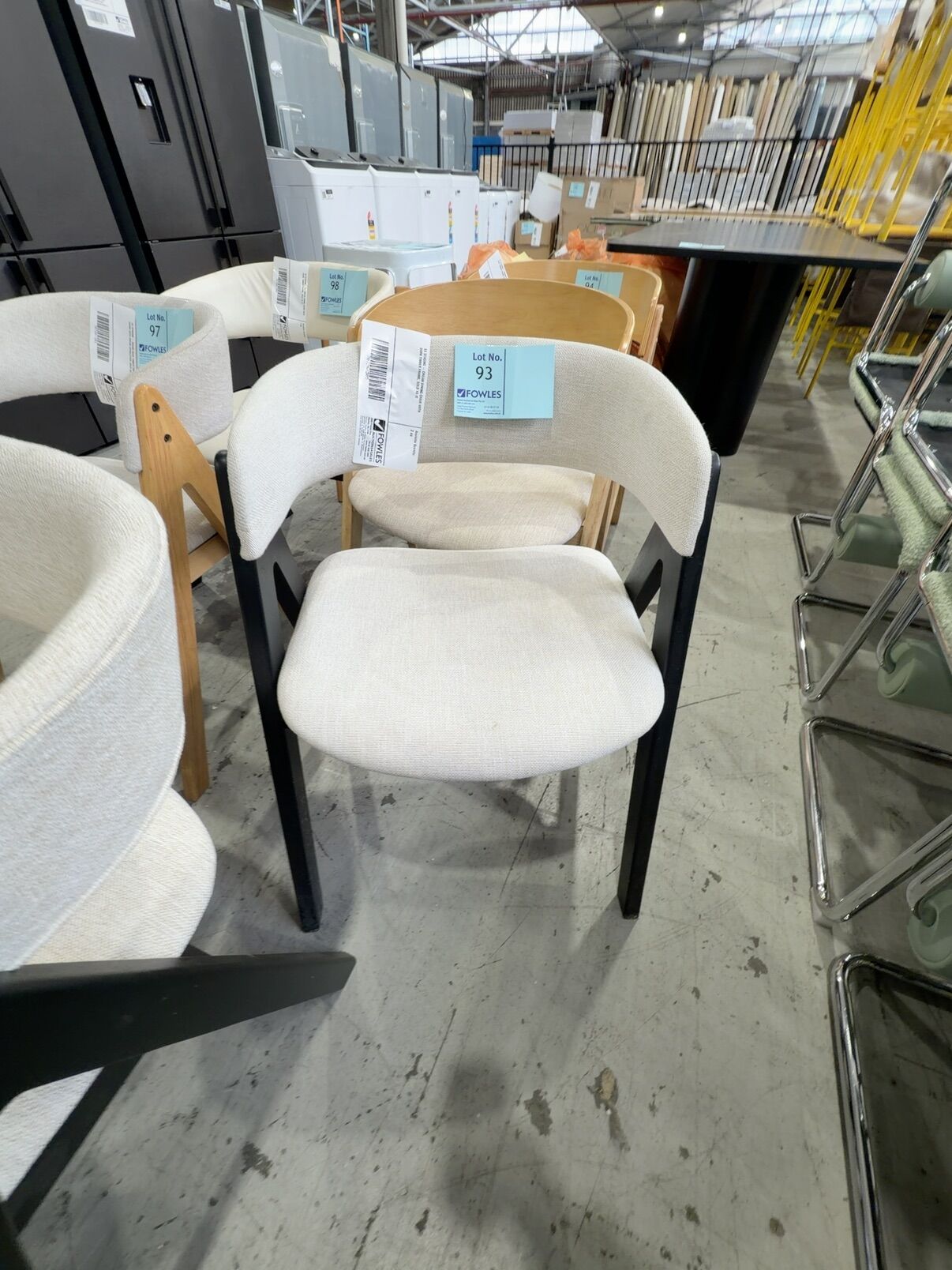 EX STAGING - CREAM DINING CHAIR WITH DARK TIMBER FRAME, SOLD AS IS EX STAGING - CREAM DINING CHAIR WITH DARK TIMBER FRAME, SOLD AS IS