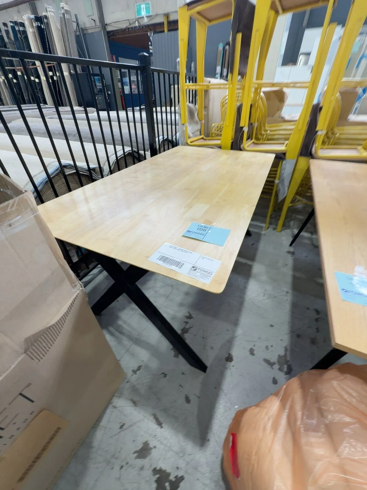 EX STAGING - 1600MM TIMBER DINING TABLE, CROSS LEGS, SOLD AS IS EX STAGING - 1600MM TIMBER DINING TABLE, CROSS LEGS, SOLD AS IS