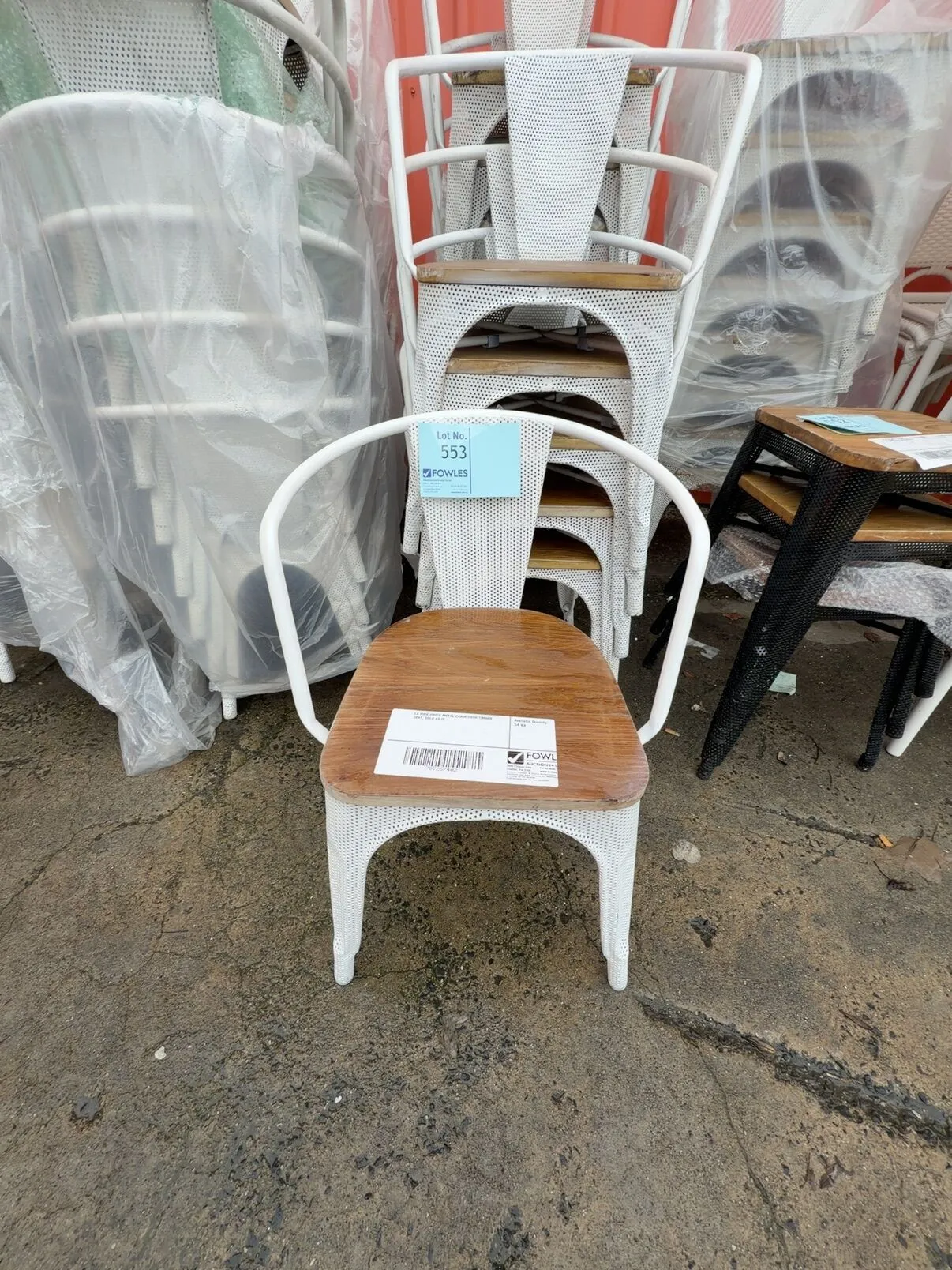 EX HIRE WHITE METAL CHAIR WITH TIMBER SEAT, SOLD AS IS EX HIRE WHITE METAL CHAIR WITH TIMBER SEAT, SOLD AS IS