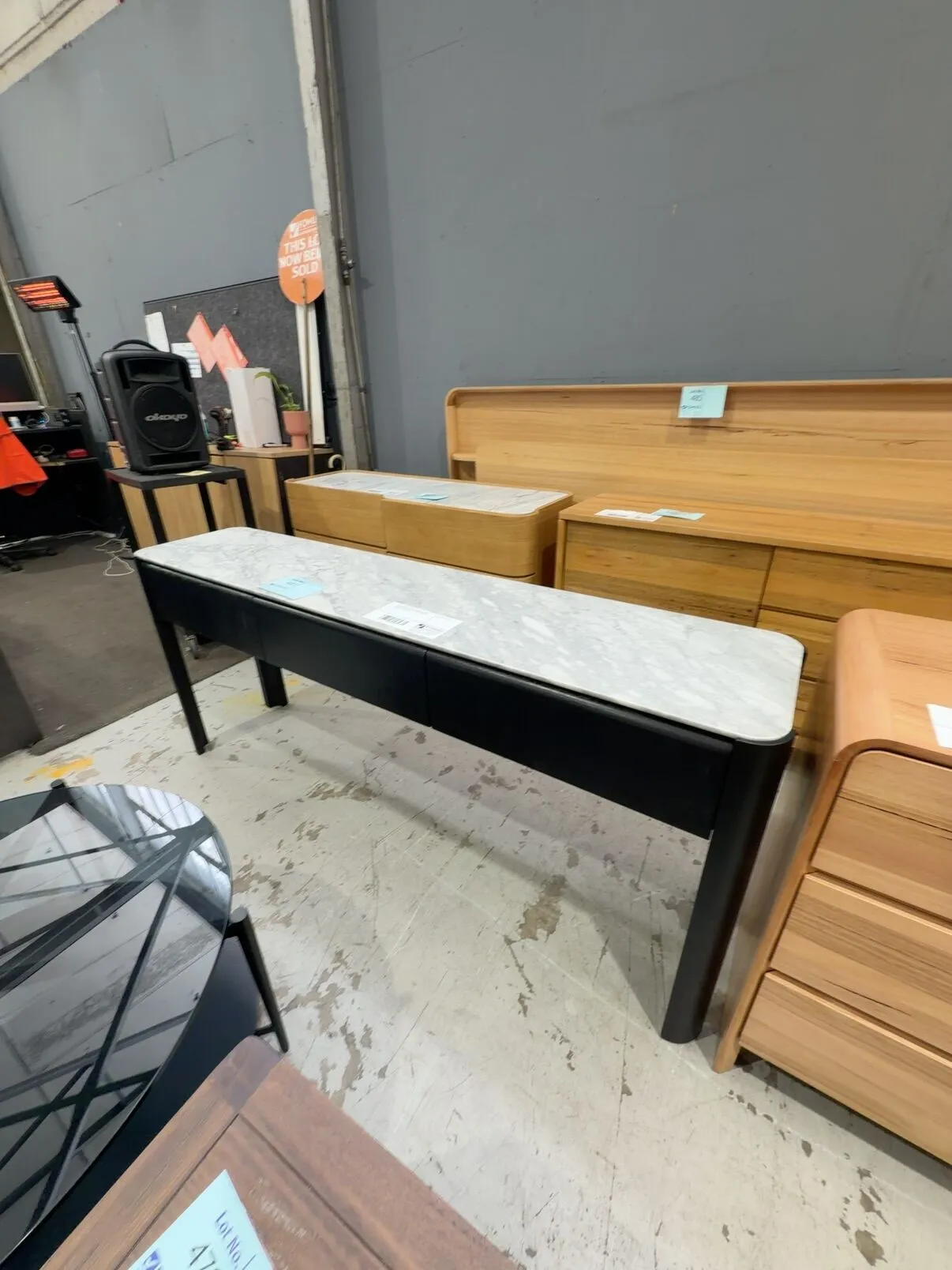 EX DISPLAY ARLO1800MM CONSOLE TABLE, BLACK OAK & MARBLE, **SOME DAMAGE ON CABINET** SOLD AS IS EX DISPLAY ARLO1800MM CONSOLE TABLE, BLACK OAK & MARBLE, **SOME DAMAGE ON CABINET** SOLD AS IS
