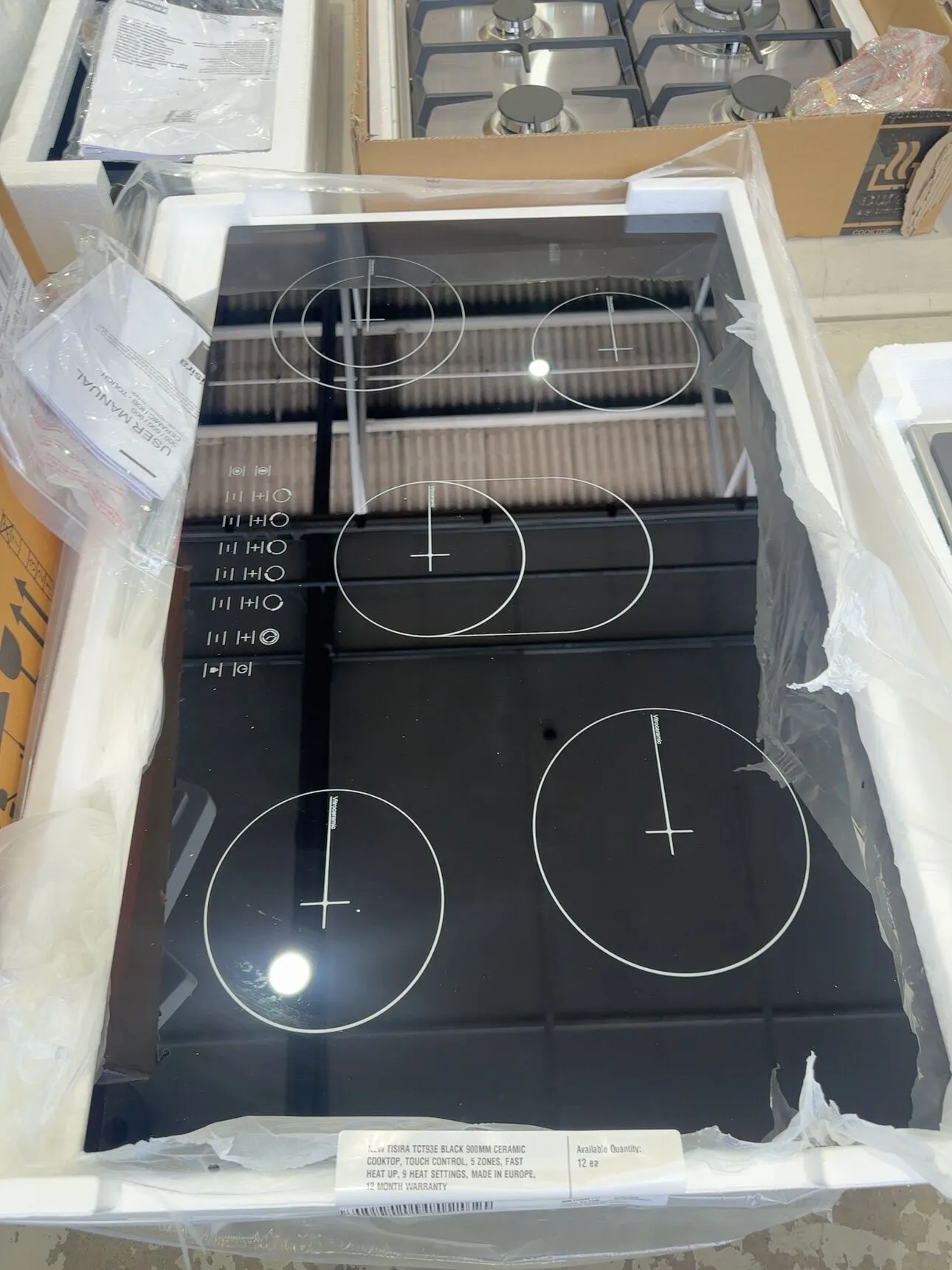 NEW TISIRA TCT93E BLACK 900MM CERAMIC COOKTOP, TOUCH CONTROL, 5 ZONES, FAST HEAT UP, 9 HEAT SETTINGS, MADE IN EUROPE, 12 MONTH WARRANTY NEW TISIRA TCT93E BLACK 900MM CERAMIC COOKTOP, TOUCH CONTROL, 5 ZONES, FAST HEAT UP, 9 HEAT SETTINGS, MADE IN EUROPE, 12 MONTH WARRANTY