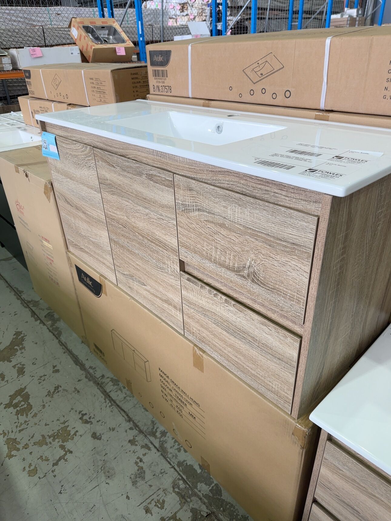 NEW AULIC GRACE 1200MM WALL HUNG VANITY, OAK LAMINATE, RIGHT HAND DRAWER, WITH CRYSTAL CERAMIC TOP RRP$1299 NEW AULIC GRACE 1200MM WALL HUNG VANITY, OAK LAMINATE, RIGHT HAND DRAWER, WITH CRYSTAL CERAMIC TOP RRP$1299