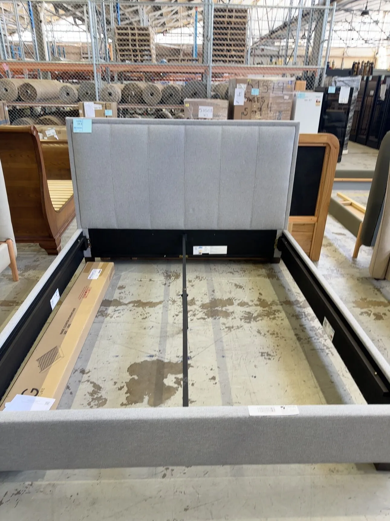 NEW BOXED KING BEDFRAME, ELEVATION FRAMED HEADBOARD, PLUSH PADDED HEADBOARD IN A WARWICK FABRIC, WITH A STANDARD BASE, FROST COLOUR NEW BOXED KING BEDFRAME, ELEVATION FRAMED HEADBOARD, PLUSH PADDED HEADBOARD IN A WARWICK FABRIC, WITH A STANDARD BASE, FROST COLOUR