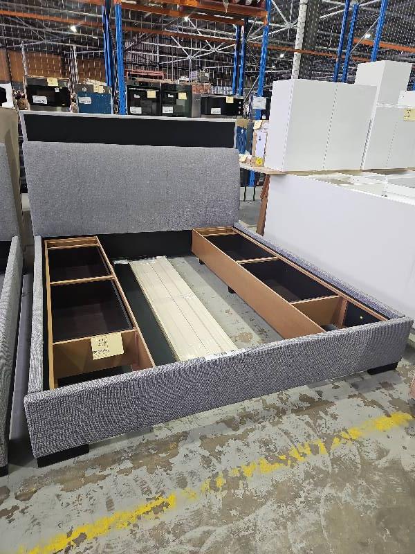 NEW BOXED STOCK - MEMPHIS KING SIZE BEDFRAME, TAPERED HEADBOARD, PLUSH WARWICK FABRIC, WITH STORAGE BASE - DRAWERS EACH SIDE, ONYX COLOUR GGF2189 NEW BOXED STOCK - MEMPHIS KING SIZE BEDFRAME, TAPERED HEADBOARD, PLUSH WARWICK FABRIC, WITH STORAGE BASE - DRAWERS EACH SIDE, ONYX COLOUR GGF2189