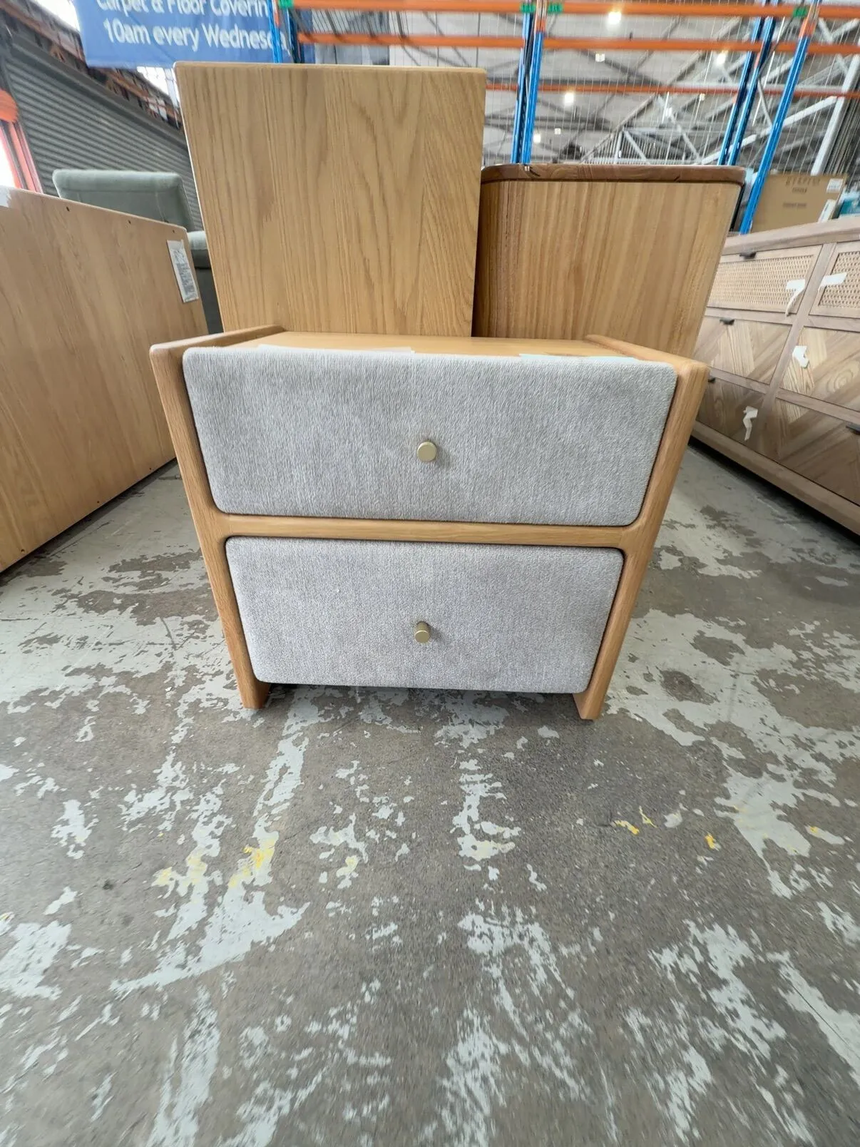 EX DISPLAY ALICE AMERICAN OAK UPHOLSTERED BEDSIDE TABLE, SOLD AS IS EX DISPLAY ALICE AMERICAN OAK UPHOLSTERED BEDSIDE TABLE, SOLD AS IS