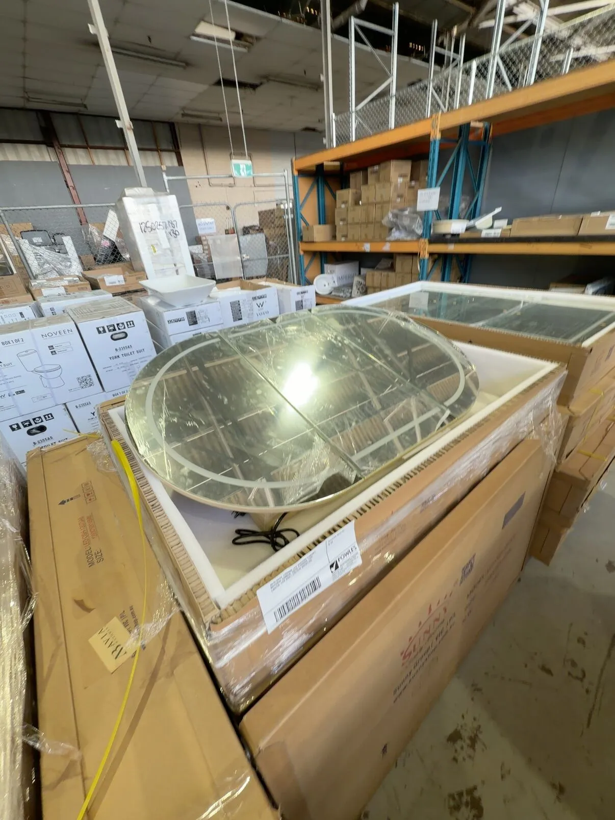 NEW OVAL 1200MM SHAVING CABINET, NATURAL TIMBER, WITH 3 DOORS, MODEL LED OSH-12075A8 **HAS LED LIGHTS BUT THEY ARE FAULTY/INTERMITTENT, SOLD AS MIRROR SHAVING CABINET ONLY** NEW OVAL 1200MM SHAVING CABINET, NATURAL TIMBER, WITH 3 DOORS, MODEL LED OSH-12075A8 **HAS LED LIGHTS BUT THEY ARE FAULTY/INTERMITTENT, SOLD AS MIRROR SHAVING CABINET ONLY**