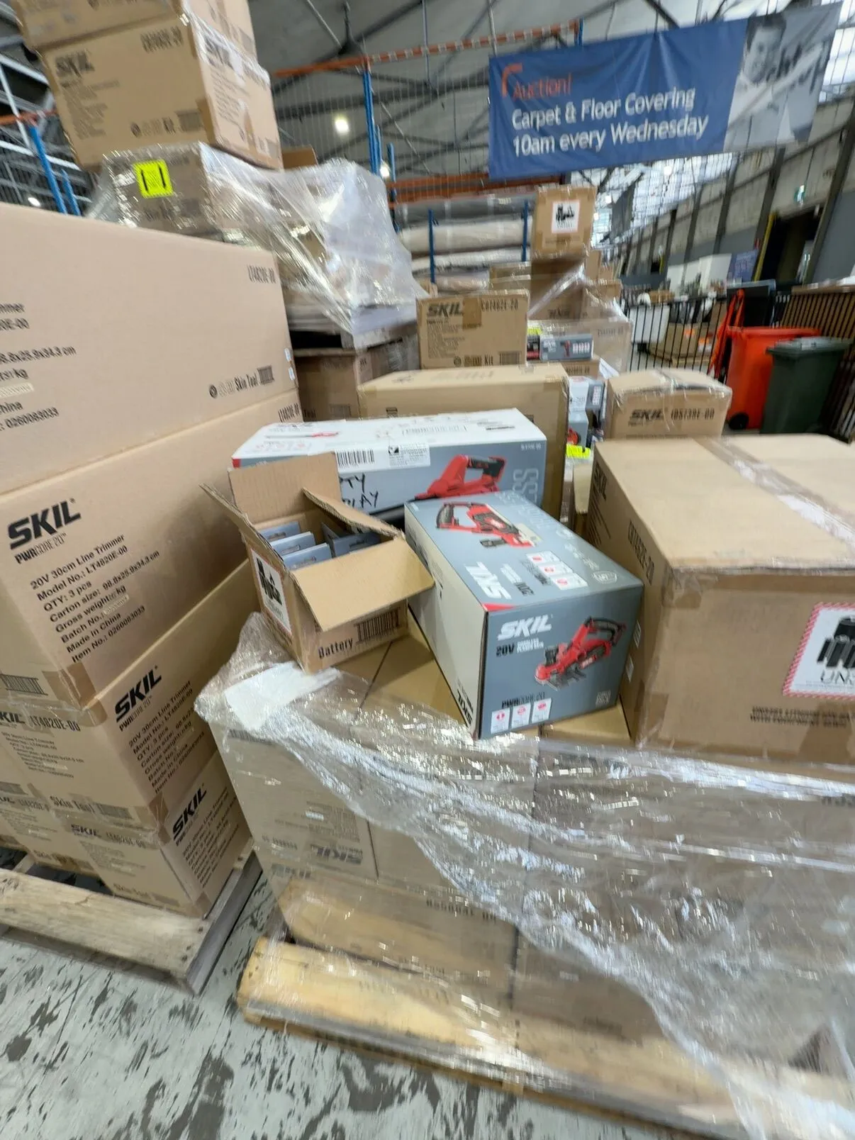 LARGE PALLET OF ASSORTED SKIL POWER TOOLS (SKIN ONLY), ALSO INCLUDED ON THE PALLET ARE SKIL POWER TOOL KITS THAT INCLUDE BATTERIES & CHARGERS, SOLD AS IS LARGE PALLET OF ASSORTED SKIL POWER TOOLS (SKIN ONLY), ALSO INCLUDED ON THE PALLET ARE SKIL POWER TOOL KITS THAT INCLUDE BATTERIES & CHARGERS, SOLD AS IS
