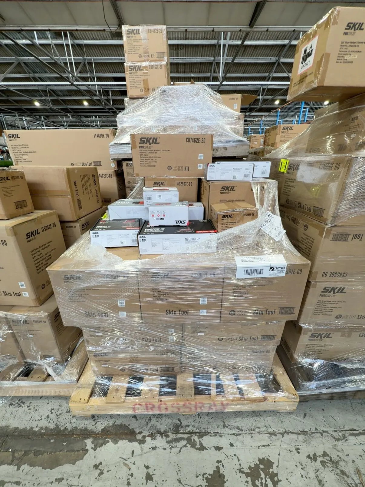 LARGE PALLET OF ASSORTED SKIL POWER TOOLS (SKIN ONLY), ALSO INCLUDED ON THE PALLET ARE SKIL POWER TOOL KITS THAT INCLUDE BATTERIES & CHARGERS, SOLD AS IS LARGE PALLET OF ASSORTED SKIL POWER TOOLS (SKIN ONLY), ALSO INCLUDED ON THE PALLET ARE SKIL POWER TOOL KITS THAT INCLUDE BATTERIES & CHARGERS, SOLD AS IS