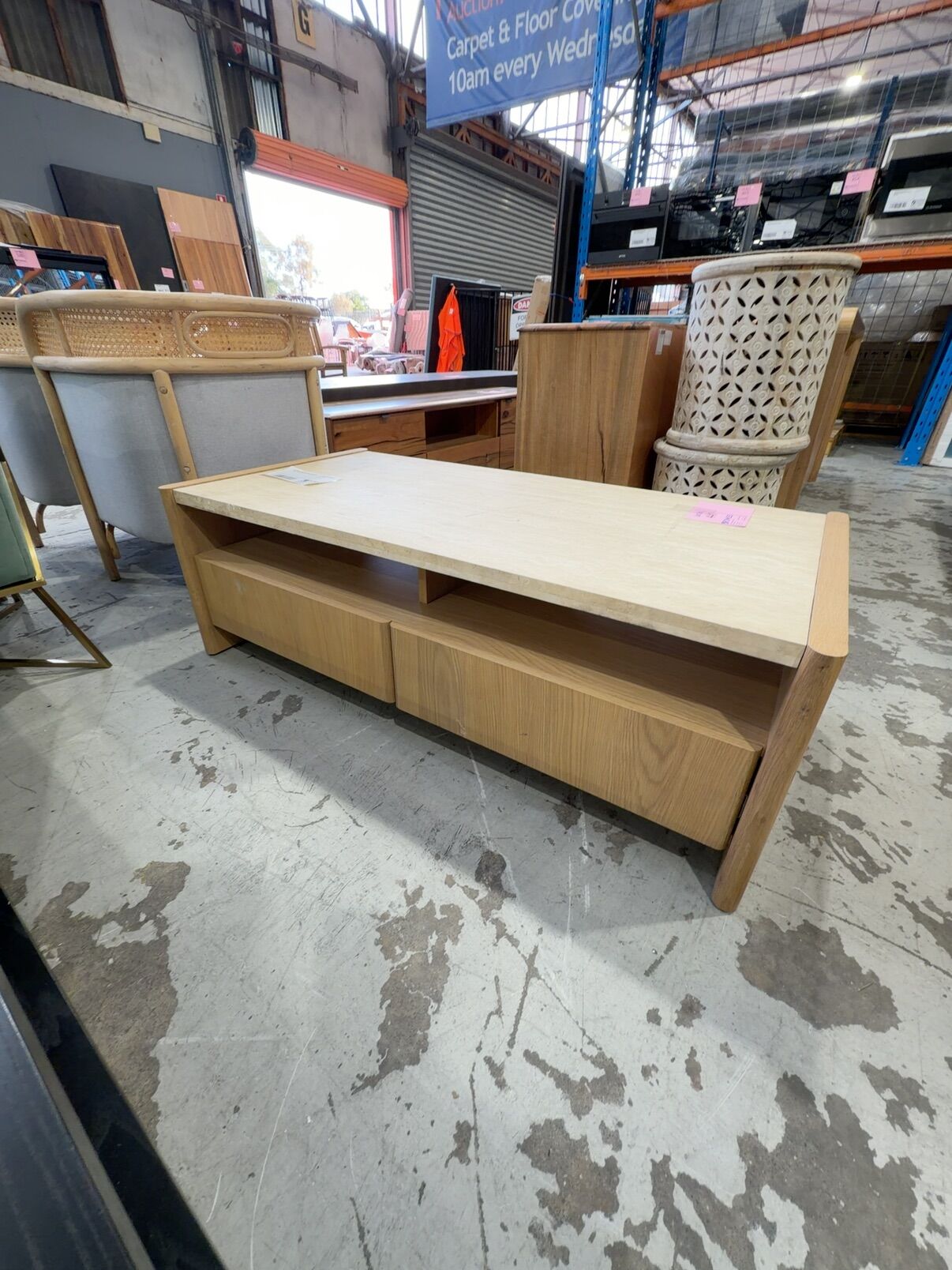 EX DISPLAY STELLA NATURAL OAK COFFEE TABLE WITH TRAVERTINE TOP SOLD AS IS EX DISPLAY STELLA NATURAL OAK COFFEE TABLE WITH TRAVERTINE TOP SOLD AS IS