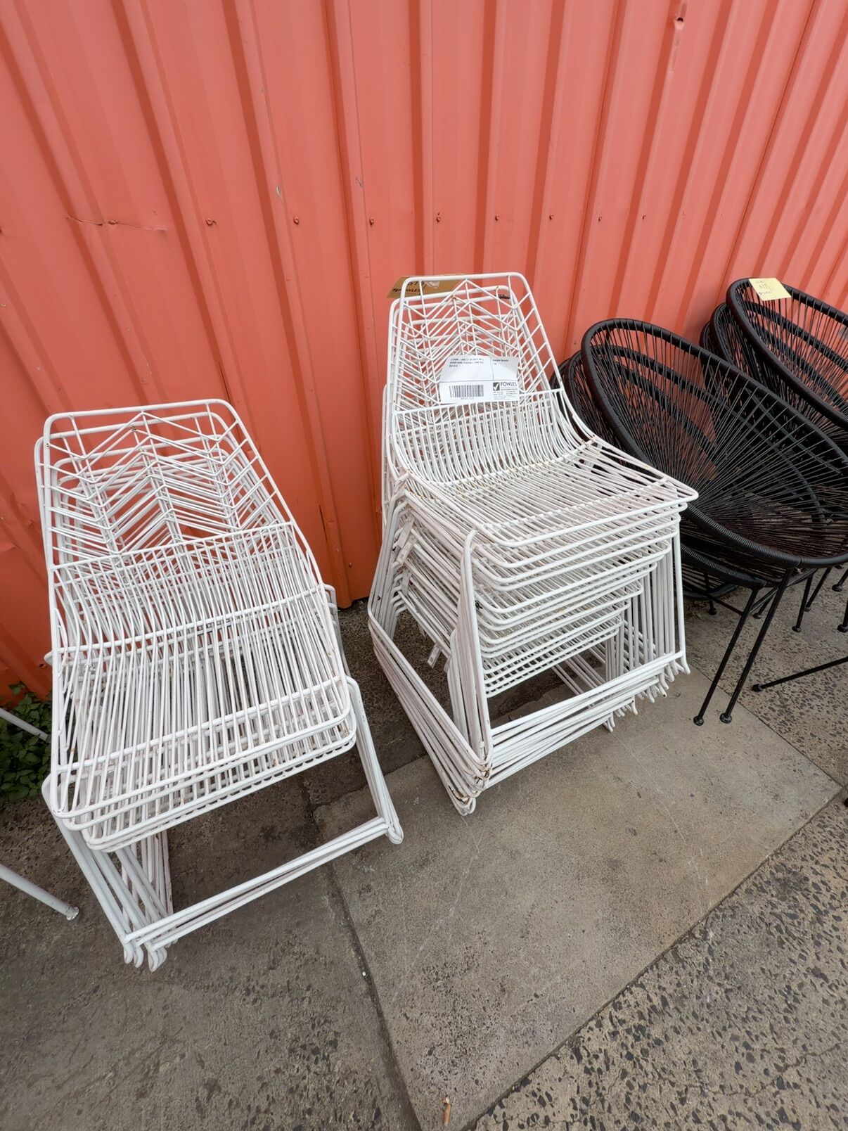 EX STAGING - LARGE LOT OF WHITE METAL OUTDOOR CHAIRS, STACKABLE, SOME RUST, SOLD AS IS EX STAGING - LARGE LOT OF WHITE METAL OUTDOOR CHAIRS, STACKABLE, SOME RUST, SOLD AS IS