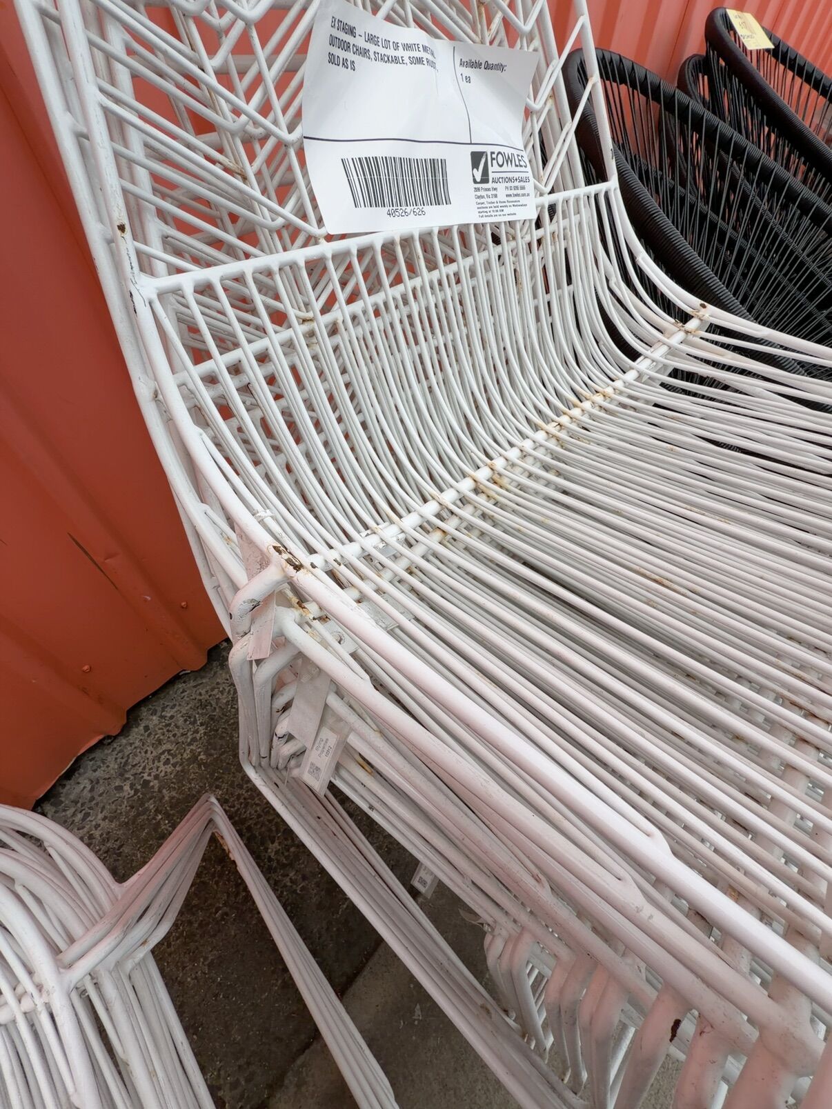 EX STAGING - LARGE LOT OF WHITE METAL OUTDOOR CHAIRS, STACKABLE, SOME RUST, SOLD AS IS EX STAGING - LARGE LOT OF WHITE METAL OUTDOOR CHAIRS, STACKABLE, SOME RUST, SOLD AS IS