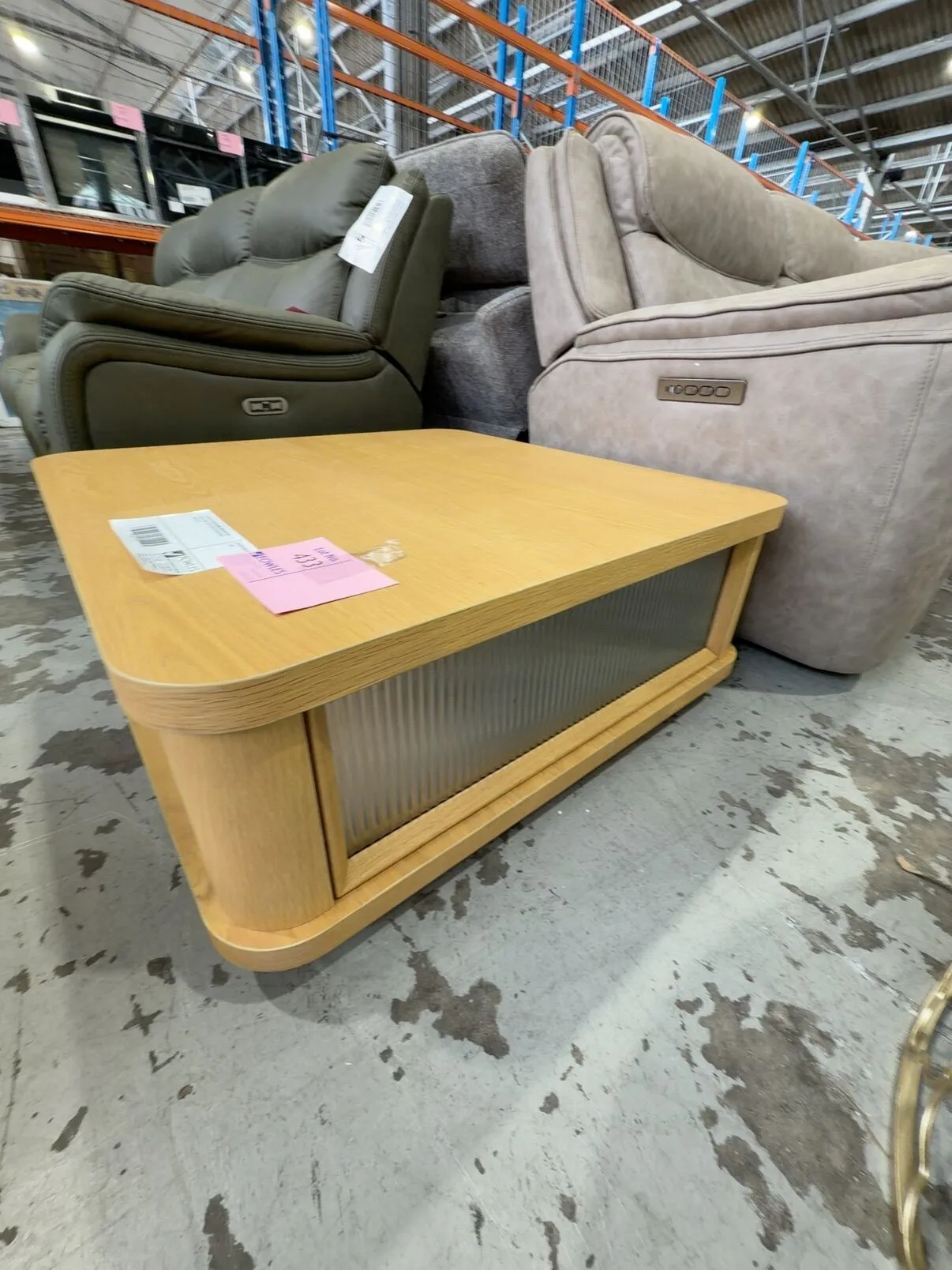 EX DISPLAY ASTON 900MM AMERICAN OAK COFFEE TABLE WITH FLUTED GLASS SIDES, SOLD AS IS EX DISPLAY ASTON 900MM AMERICAN OAK COFFEE TABLE WITH FLUTED GLASS SIDES, SOLD AS IS