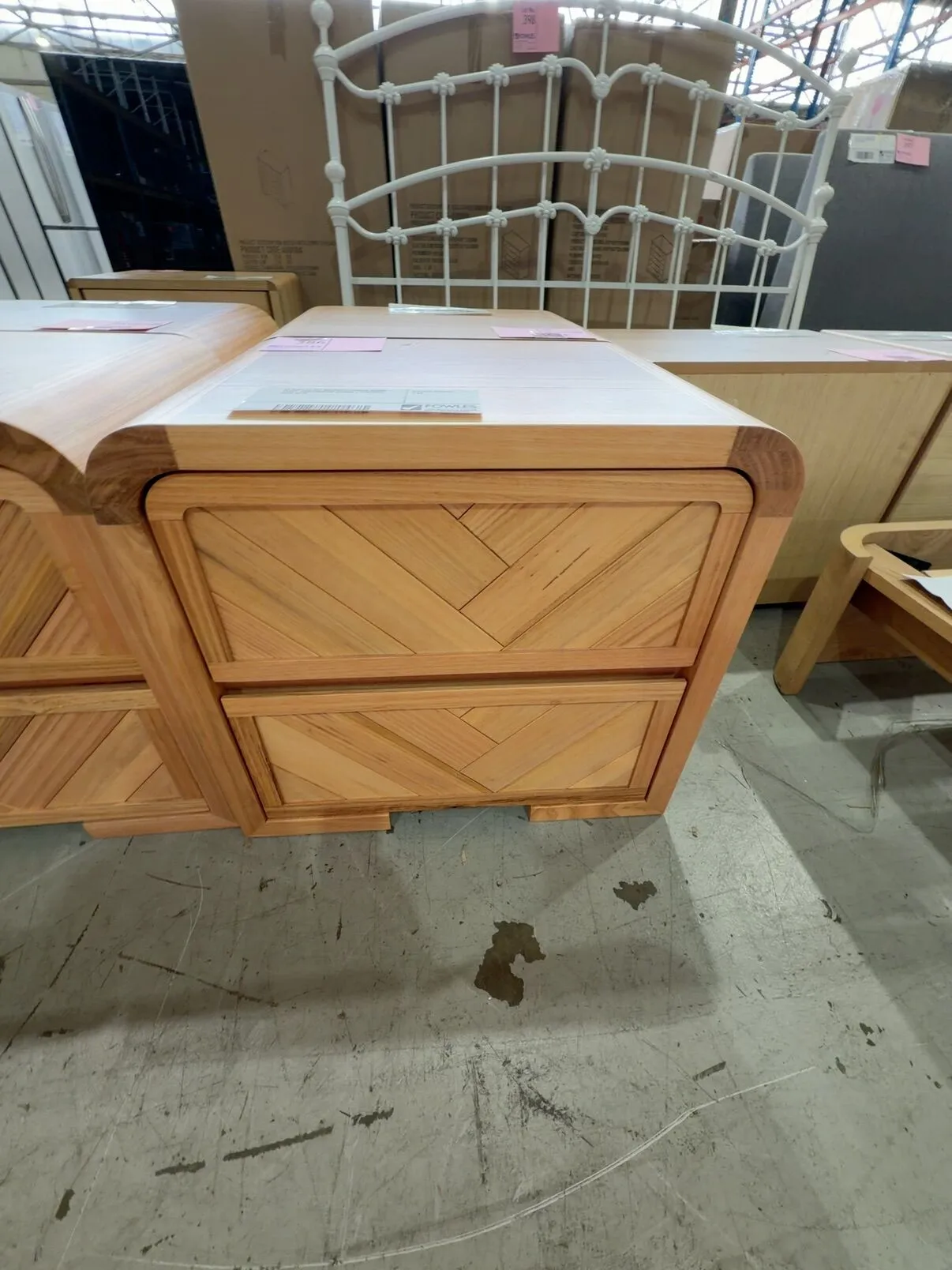 EX DISPLAY EVA MESSMATE CURVED BESIDE TABLE, HERRINGBONE DESIGN, 2 DRAWERS, SOLD AS IS EX DISPLAY EVA MESSMATE CURVED BESIDE TABLE, HERRINGBONE DESIGN, 2 DRAWERS, SOLD AS IS