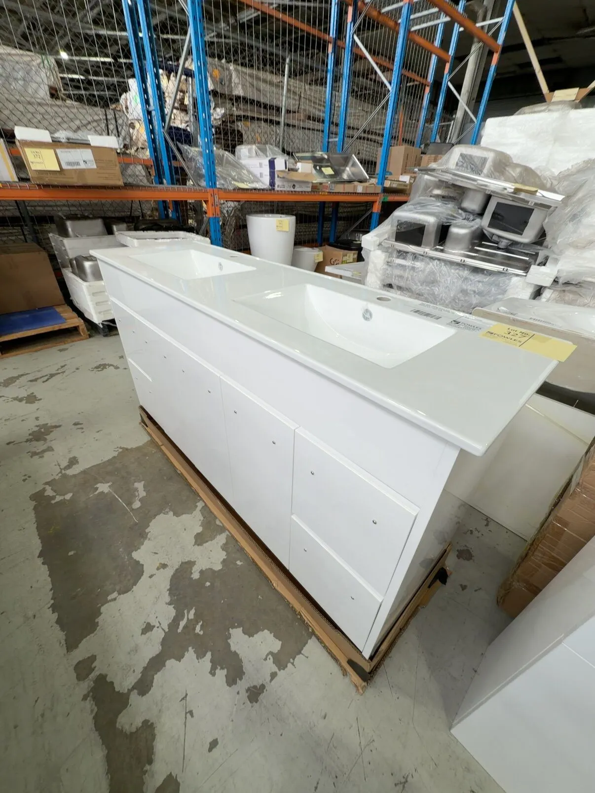 AULIC ROCKY 1500MM DOUBLE BOWL VANITY, GLOSS WHITE WITH CRYSTAL CERAMIC TOP RRP$2349 CA12-1500D-CT28 AULIC ROCKY 1500MM DOUBLE BOWL VANITY, GLOSS WHITE WITH CRYSTAL CERAMIC TOP RRP$2349 CA12-1500D-CT28