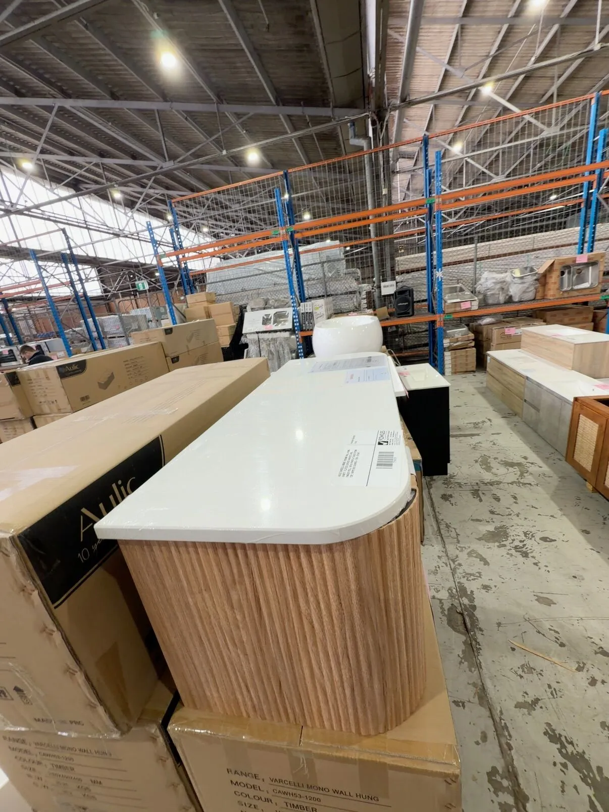 AULIC VARCELLI MONO 1200MM WALL HUNG VANITY, FLUTED CURVED HARVEST OAK, FINGER PULL, WITH PUREFLAT SOLID STONE TOP, RRP$1985 CAWH53-1200-ST56FT AULIC VARCELLI MONO 1200MM WALL HUNG VANITY, FLUTED CURVED HARVEST OAK, FINGER PULL, WITH PUREFLAT SOLID STONE TOP, RRP$1985 CAWH53-1200-ST56FT