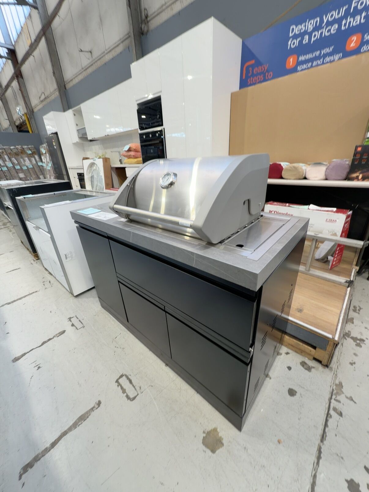 BRAND NEW TC2K-MK2 CROSSWAY COMPACT OUTDOOR BBQ KITCHEN WITH 2 BURNER GAS LPG BBQ, WITH GREY SINTERED STONE TOP, HIGH INTENSITY BBQ FLUSHMOUNT, 1385 LONG X 610 DEEP X 1403MM HIGH, BLACK POWDER COATED CABINETS RRP$4099 WITH 3 MONTH WARRANTY (NEW BOXED STOCK, FLAT PACKED CABINETRY) BRAND NEW TC2K-MK2 CROSSWAY COMPACT OUTDOOR BBQ KITCHEN WITH 2 BURNER GAS LPG BBQ, WITH GREY SINTERED STONE TOP, HIGH INTENSITY BBQ FLUSHMOUNT, 1385 LONG X 610 DEEP X 1403MM HIGH, BLACK POWDER COATED CABINETS RRP$4099 WITH 3 MONTH WARRANTY (NEW BOXED STOCK, FLAT PACKED CABINETRY)