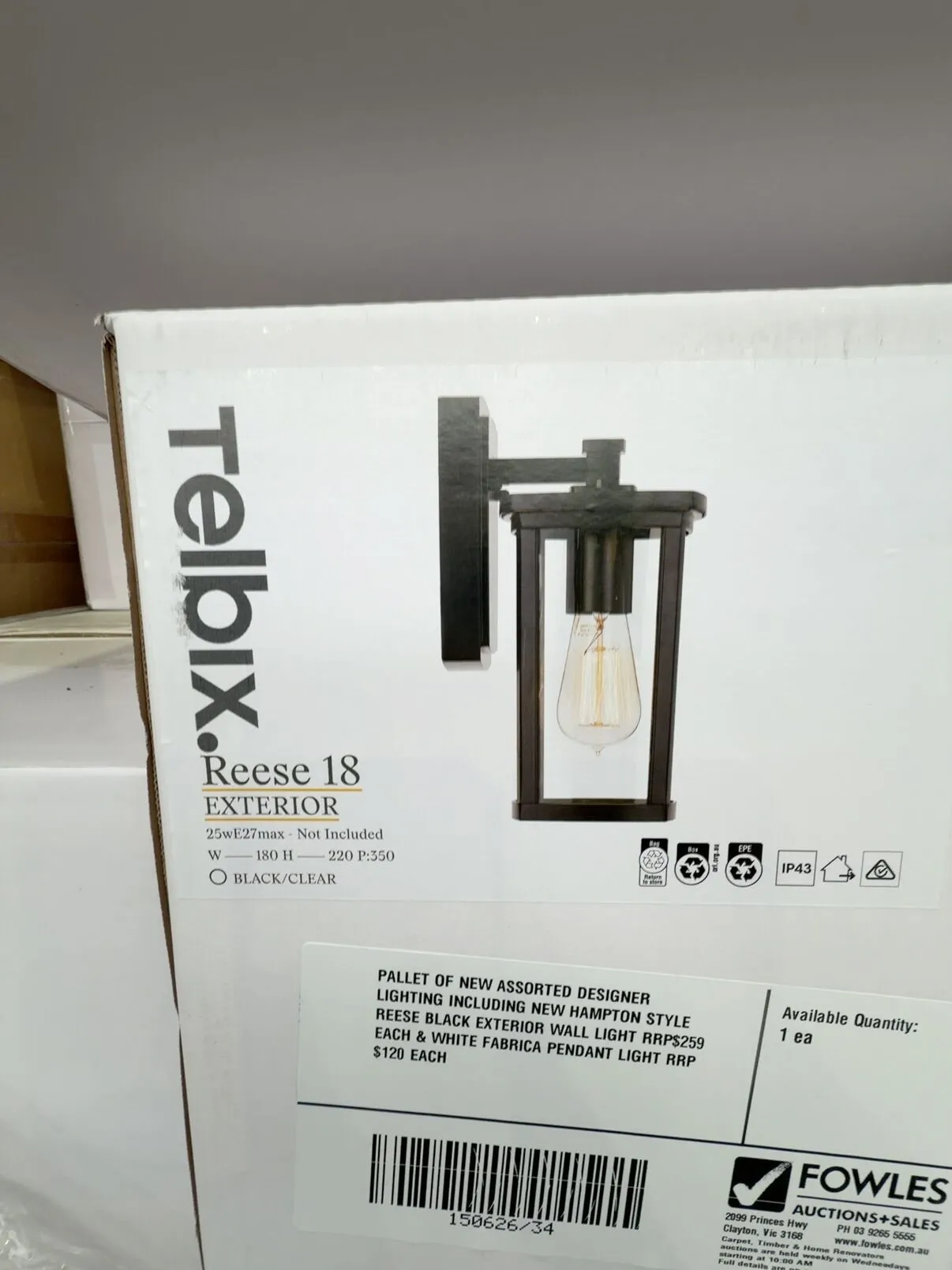 PALLET OF NEW ASSORTED DESIGNER LIGHTING INCLUDING NEW HAMPTON STYLE REESE BLACK EXTERIOR WALL LIGHT RRP$259 EACH & WHITE FABRICA PENDANT LIGHT RRP$120 EACH PALLET OF NEW ASSORTED DESIGNER LIGHTING INCLUDING NEW HAMPTON STYLE REESE BLACK EXTERIOR WALL LIGHT RRP$259 EACH & WHITE FABRICA PENDANT LIGHT RRP$120 EACH