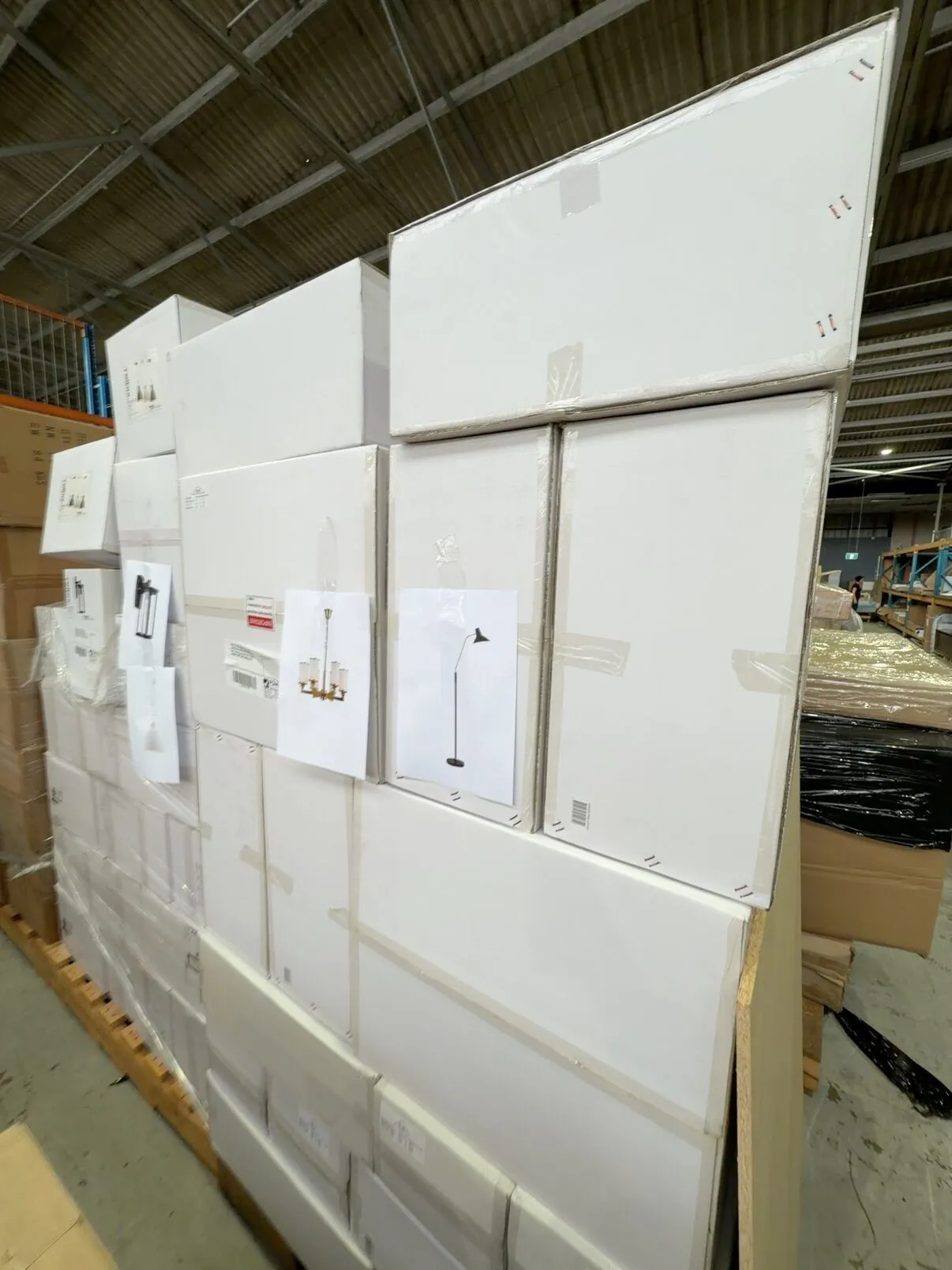 PALLET OF NEW ASSORTED DESIGNER LIGHTING INCLUDING NEW AHERN BRASS 6 LIGHT PENDANT RRP$849 EACH & BLACK FARBON FLOOR LAMP RRP$89 EACH PALLET OF NEW ASSORTED DESIGNER LIGHTING INCLUDING NEW AHERN BRASS 6 LIGHT PENDANT RRP$849 EACH & BLACK FARBON FLOOR LAMP RRP$89 EACH