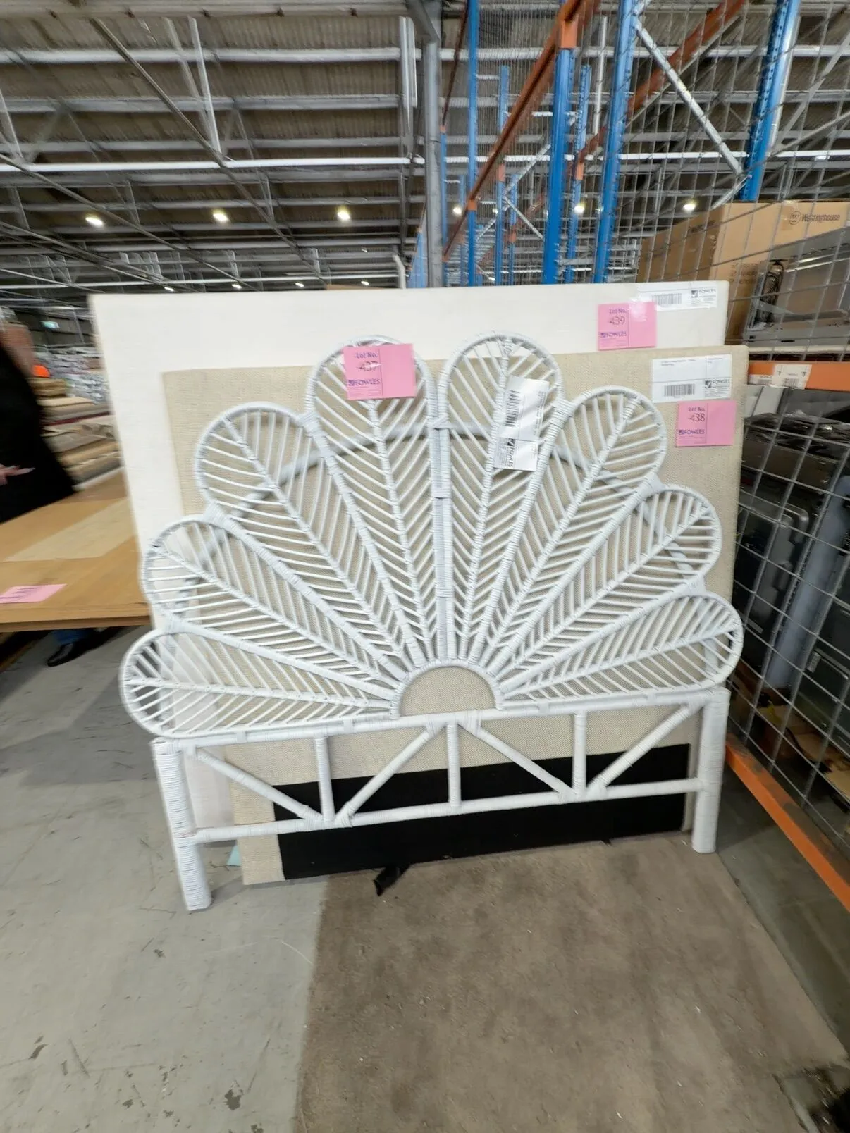 EX DISPLAY HOME STAGING FURNITURE - WHITE CANE FAN BEDHEAD, QUEEN SIZE, SOLD AS IS EX DISPLAY HOME STAGING FURNITURE - WHITE CANE FAN BEDHEAD, QUEEN SIZE, SOLD AS IS