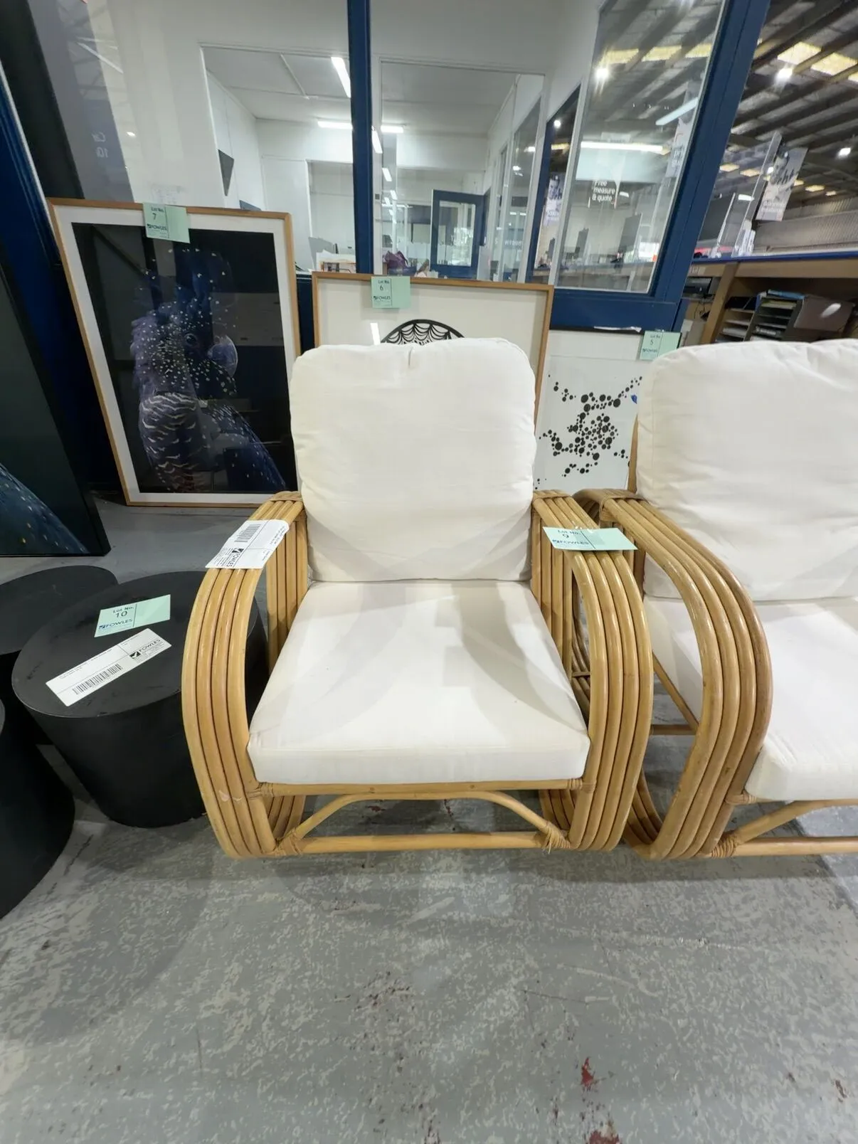 EX STAGING FURNITURE - ROLLED CANE PATIO CHAIR, WHITE CUSHIONS, SOLD AS IS EX STAGING FURNITURE - ROLLED CANE PATIO CHAIR, WHITE CUSHIONS, SOLD AS IS