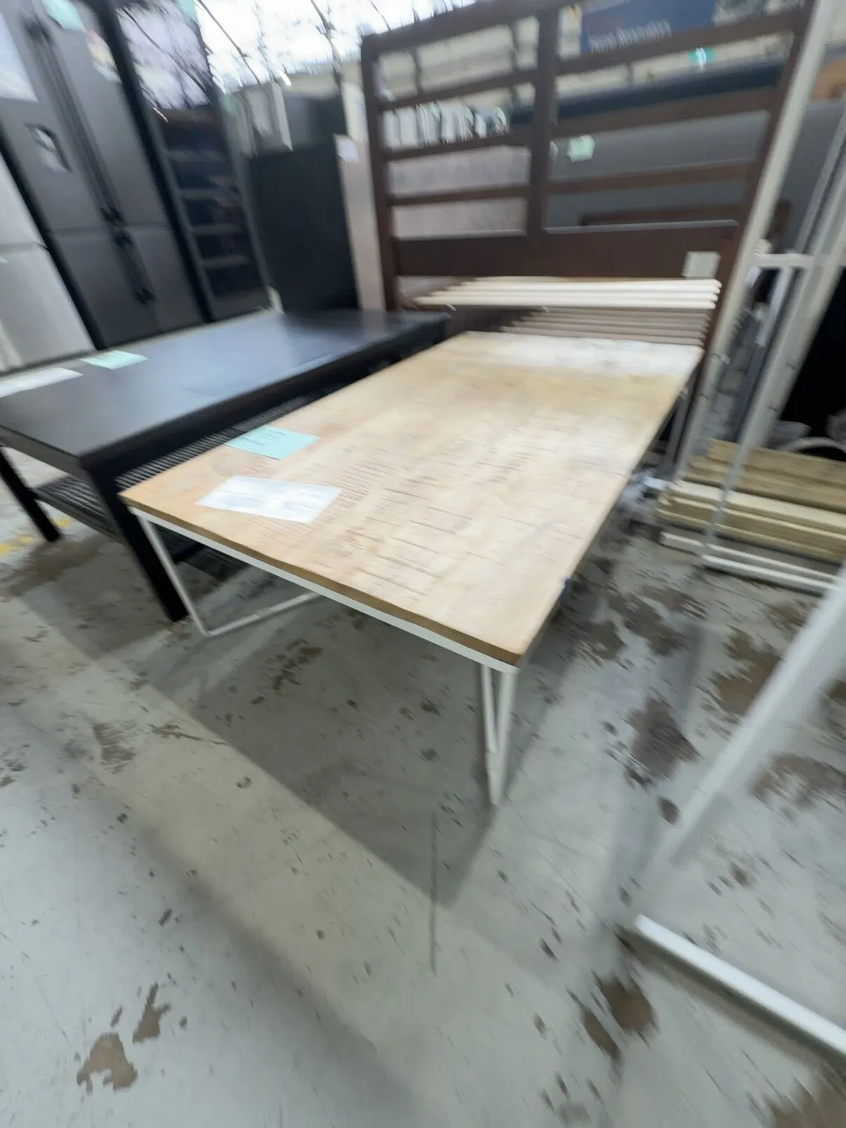 EX STAGING FURNITURE - TIMBER COFFEE TABLE ON WHITE METAL FRAME SOLD AS IS EX STAGING FURNITURE - TIMBER COFFEE TABLE ON WHITE METAL FRAME SOLD AS IS