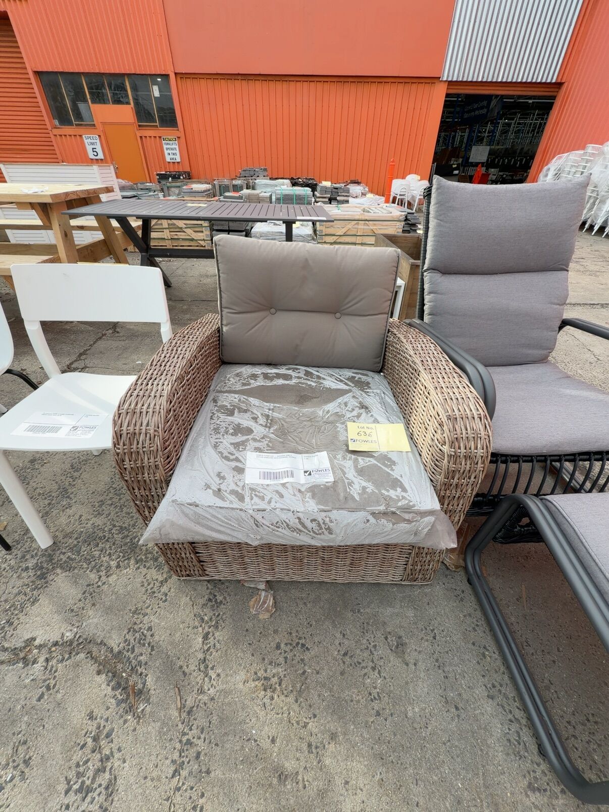 SAMPLE FURNITURE - OUTDOOR SINGLE RATTAN ARMCHAIR WITH CUSHIONS, RRP$650 SAMPLE FURNITURE - OUTDOOR SINGLE RATTAN ARMCHAIR WITH CUSHIONS, RRP$650