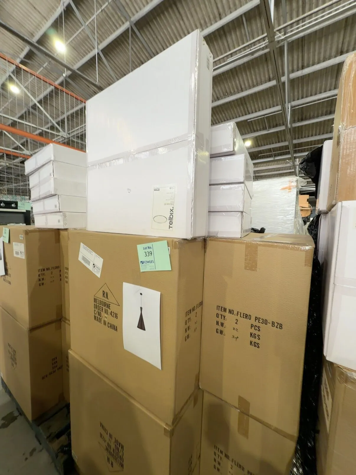 PALLET OF ASSORTED LIGHTING INCLUDING FLERO BRONZE PENDANT LIGHTS AND FULCRUM 60CM OYSTER LIGHTS, SOLD AS IS PALLET OF ASSORTED LIGHTING INCLUDING FLERO BRONZE PENDANT LIGHTS AND FULCRUM 60CM OYSTER LIGHTS, SOLD AS IS