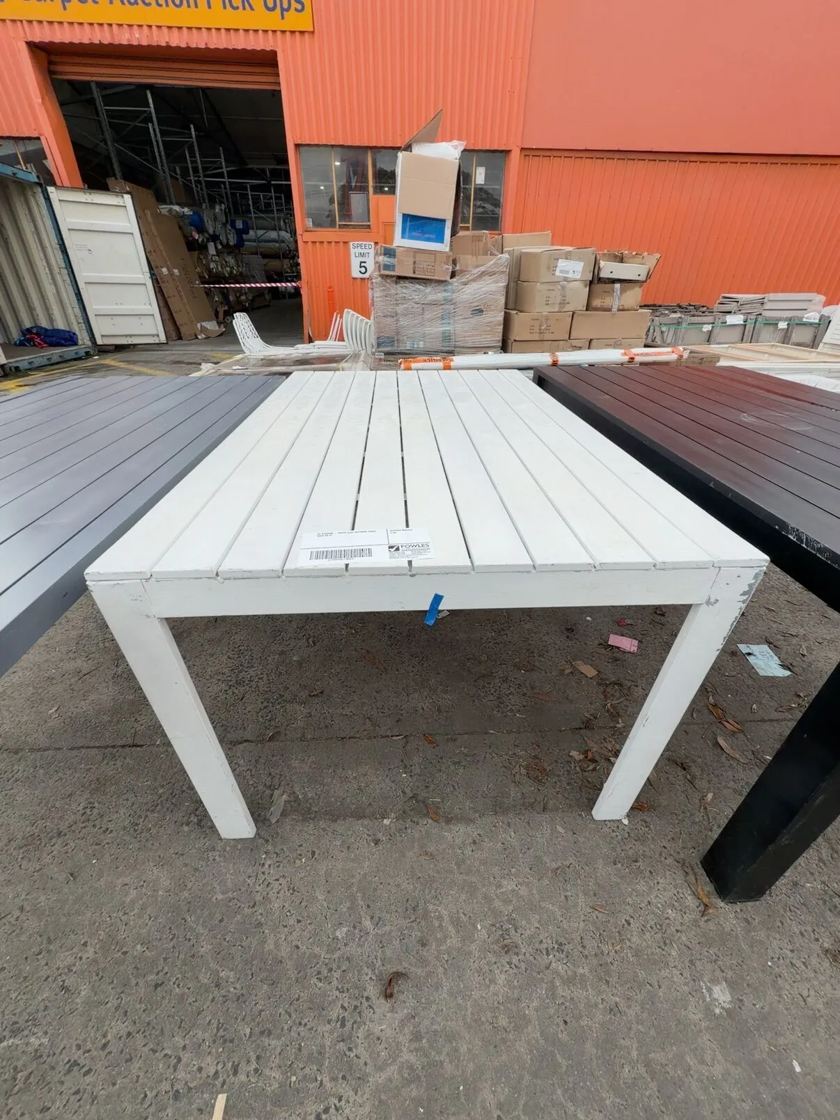 EX STAGING - WHITE SLAT OUTDOOR TABLE, SOLD AS IS EX STAGING - WHITE SLAT OUTDOOR TABLE, SOLD AS IS