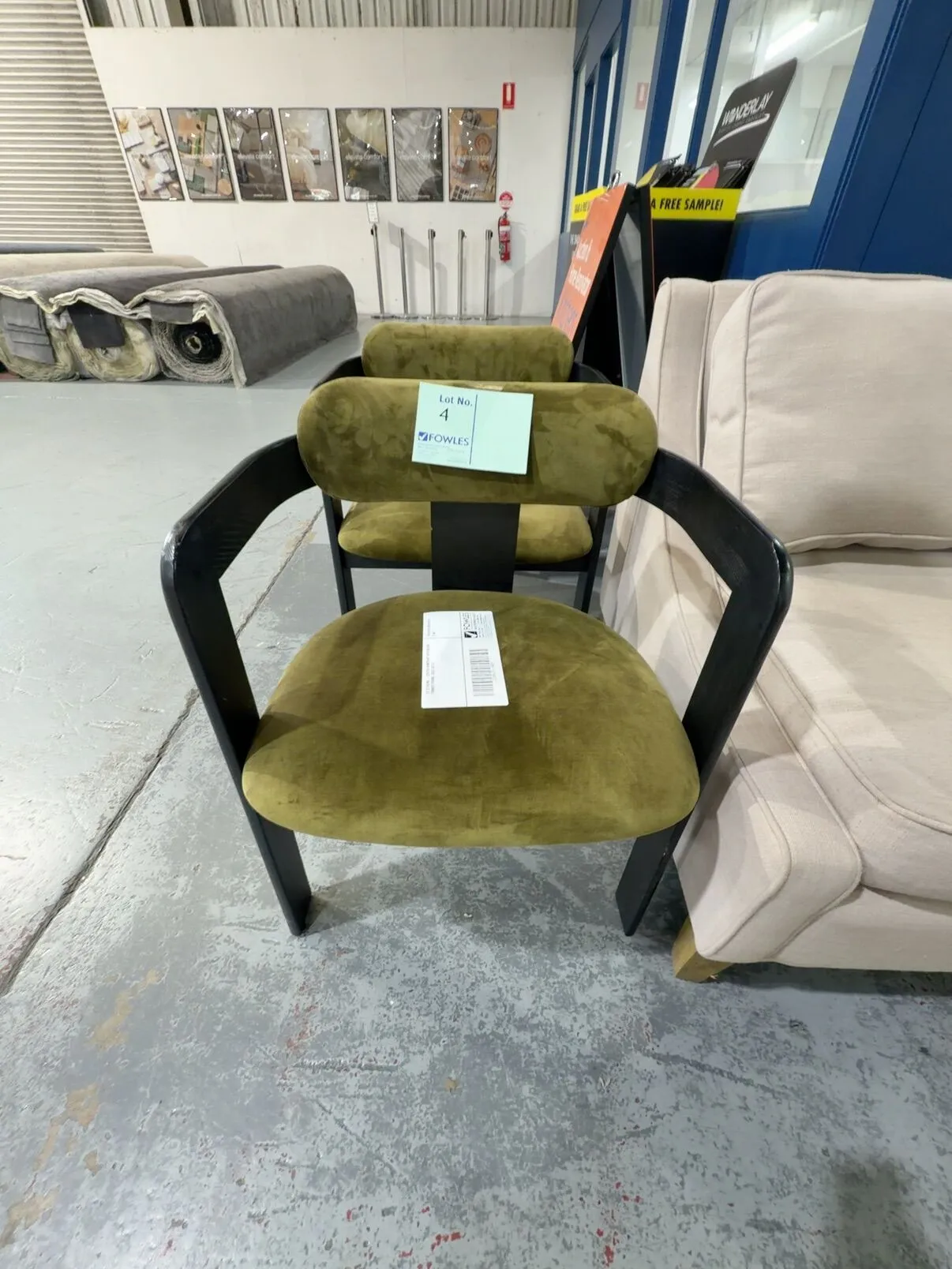 EX STAGING - GREEN ARMCHAIR WITH BLACK TIMBER FRAME, SOLD AS IS EX STAGING - GREEN ARMCHAIR WITH BLACK TIMBER FRAME, SOLD AS IS