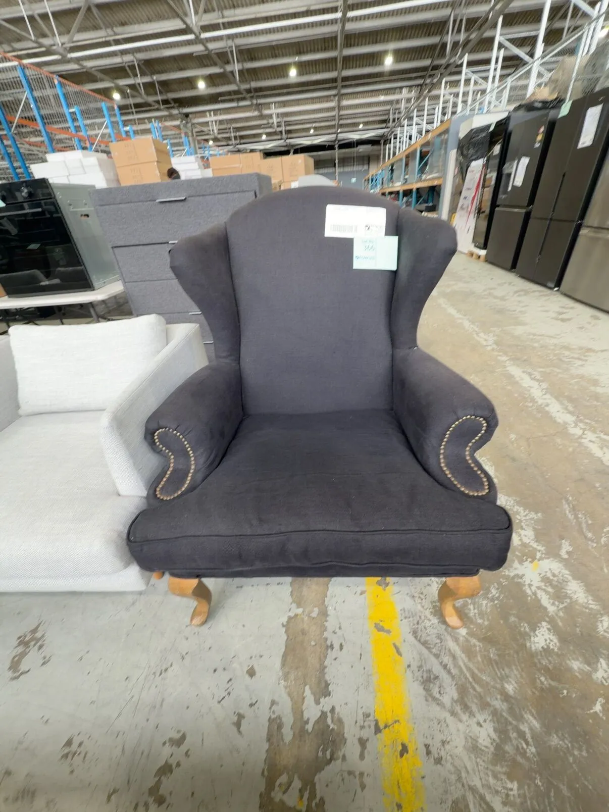 EX STAGING - LARGE BLACK LINEN WINGBACK, SOLD AS IS EX STAGING - LARGE BLACK LINEN WINGBACK, SOLD AS IS