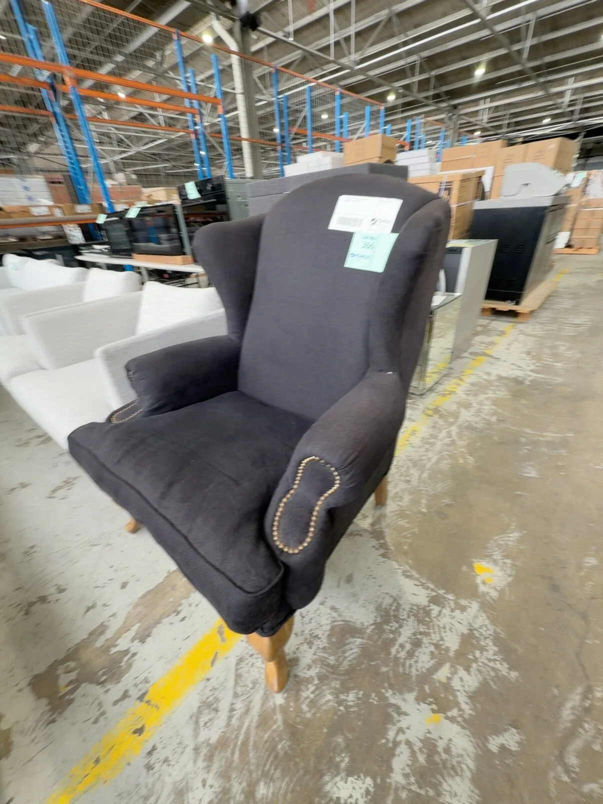 EX STAGING - LARGE BLACK LINEN WINGBACK, SOLD AS IS EX STAGING - LARGE BLACK LINEN WINGBACK, SOLD AS IS