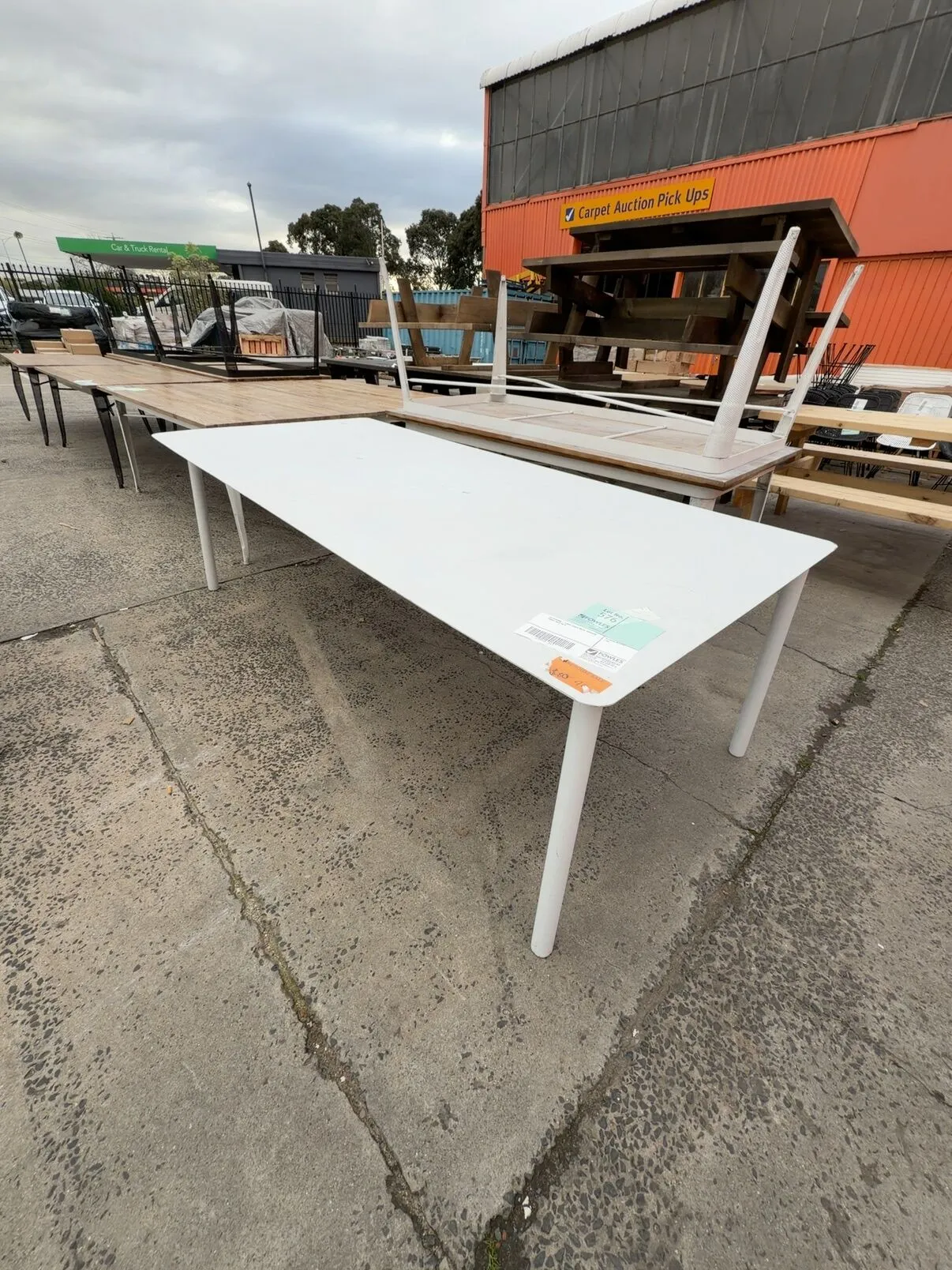 EX STAGING - LARGE WHITE METAL OUTDOOR TABLE, SOLD AS IS EX STAGING - LARGE WHITE METAL OUTDOOR TABLE, SOLD AS IS