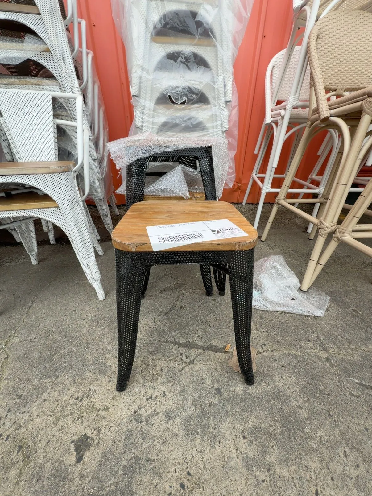 EX STAGING - BLACK METAL FRAME STOOL, TIMBER SEAT, SOLD AS IS EX STAGING - BLACK METAL FRAME STOOL, TIMBER SEAT, SOLD AS IS