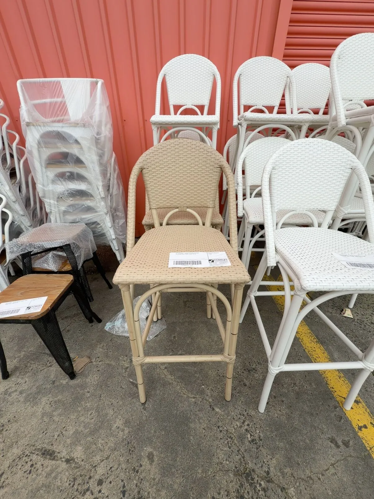 EX STAGING - BEIGE PLASTIC RATTAN OUTDOOR BAR CHAIR, SOLD AS IS EX STAGING - BEIGE PLASTIC RATTAN OUTDOOR BAR CHAIR, SOLD AS IS